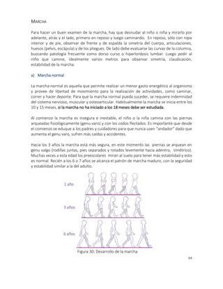 64
MARCHA
Para hacer un buen examen de la marcha, hay que desnudar al niño o niña y mirarlo por
adelante, atrás y el lado, primero en reposo y luego caminando. En reposo, sólo con ropa
interior y de pie, observar de frente y de espalda la simetría del cuerpo, articulaciones,
huesos (pelvis, escápula) y de los pliegues. De lado debe evaluarse las curvas de la columna,
buscando patología frecuente como dorso curso o hiperlordosis lumbar. Luego pedir al
niño que camine, idealmente varios metros para observar simetría, claudicación,
estabilidad de la marcha.
a) Marcha normal
La marcha normal es aquella que permite realizar un menor gasto energético al organismo
y provee de libertad de movimiento para la realización de actividades, como caminar,
correr y hacer deporte. Para que la marcha normal pueda suceder, se requiere indemnidad
del sistema nervioso, muscular y osteoarticular. Habitualmente la marcha se inicia entre los
10 y 15 meses, si la marcha no ha iniciado a los 18 meses debe ser estudiada.
Al comienzo la marcha es insegura e inestable, el niño o la niña camina con las piernas
arqueadas fisiológicamente (genu varo) y con los codos flectados. Es importante que desde
el comienzo se eduque a los padres y cuidadores para que nunca usen “andador” dado que
aumenta el genu varo, sufren más caídas y accidentes.
Hacia los 3 años la marcha está más segura, en este momento las piernas se arquean en
genu valgo (rodillas juntas, pies separados y rotados levemente hacia adentro, simétrico).
Muchas veces a esta edad los preescolares miran al suelo para tener más estabilidad y esto
es normal. Recién a los 6 o 7 años se alcanza el patrón de marcha maduro, con la seguridad
y estabilidad similar a la del adulto.
1 año
3 años
6 años
Figura 30: Desarrollo de la marcha
 