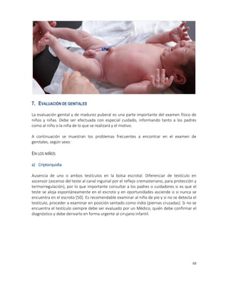 68
7. EVALUACIÓN DE GENITALES
La evaluación genital y de madurez puberal es una parte importante del examen físico de
niños y niñas. Debe ser efectuada con especial cuidado, informando tanto a los padres
como al niño o la niña de lo que se realizará y el motivo.
A continuación se muestran los problemas frecuentes a encontrar en el examen de
genitales, según sexo:
EN LOS NIÑOS
a) Criptorquidia
Ausencia de uno o ambos testículos en la bolsa escrotal. Diferenciar de testículo en
ascensor (ascenso del teste al canal inguinal por el reflejo cremasteriano, para protección y
termorregulación), por lo que importante consultar a los padres o cuidadores si es que el
teste se aloja espontáneamente en el escroto y en oportunidades asciende o si nunca se
encuentra en el escroto [50]. Es recomendable examinar al niño de pie y si no se detecta el
testículo, proceder a examinar en posición sentado como indio (piernas cruzadas). Si no se
encuentra el testículo siempre debe ser evaluado por un Médico, quién debe confirmar el
diagnóstico y debe derivarlo en forma urgente al cirujano infantil.
 