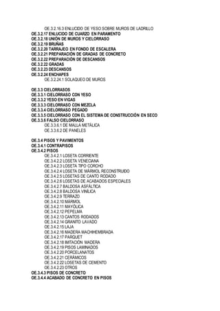 OE.3.2.16.3 ENLUCIDO DE YESO SOBRE MUROS DE LADRILLO
OE.3.2.17 ENLUCIDO DE CUARZO EN PARAMENTO
OE.3.2.18 UNIÓN DE MUROS Y CIELORRASO
OE.3.2.19 BRUÑAS
OE.3.2.20 TARRAJEO EN FONDO DE ESCALERA
OE.3.2.21 PREPARACIÓN DE GRADAS DE CONCRETO
OE.3.2.22 PREPARACIÓN DE DESCANSOS
OE.3.2.22 GRADAS
OE.3.2.23 DESCANSOS
OE.3.2.24 ENCHAPES
OE.3.2.24.1 SOLAQUEO DE MUROS
OE.3.3 CIELORRASOS
OE.3.3.1 CIELORRASO CON YESO
OE.3.3.2 YESO EN VIGAS
OE.3.3.3 CIELORRASO CON MEZCLA
OE.3.3.4 CIELORRASO PEGADO
OE.3.3.5 CIELORRASO CON EL SISTEMA DE CONSTRUCCIÓN EN SECO
OE.3.3.6 FALSO CIELORRASO
OE.3.3.6.1 DE MALLA METÁLICA
OE.3.3.6.2 DE PANELES
OE.3.4 PISOS Y PAVIMENTOS
OE.3.4.1 CONTRAPISOS
OE.3.4.2 PISOS
OE.3.4.2.1 LOSETA CORRIENTE
OE.3.4.2.2 LOSETA VENECIANA
OE.3.4.2.3 LOSETA TIPO CORCHO
OE.3.4.2.4 LOSETA DE MÁRMOL RECONSTRUIDO
OE.3.4.2.5 LOSETAS DE CANTO RODADO
OE.3.4.2.6 LOSETAS DE ACABADOS ESPECIALES
OE.3.4.2.7 BALDOSA ASFÁLTICA
OE.3.4.2.8 BALDOSA VINÍLICA
OE.3.4.2.9 TERRAZO
OE.3.4.2.10 MÁRMOL
OE.3.4.2.11 MAYÓLICA
OE.3.4.2.12 PEPELMA
OE.3.4.2.13 CANTOS RODADOS
OE.3.4.2.14 GRANITO LAVADO
OE.3.4.2.15 LAJA
OE.3.4.2.16 MADERA MACHIHEMBRADA
OE.3.4.2.17 PARQUET
OE.3.4.2.18 IMITACIÓN MADERA
OE.3.4.2.19 PISOS LAMINADOS
OE.3.4.2.20 PORCELANATOS
OE.3.4.2.21 CERÁMICOS
OE.3.4.2.22 LOSETAS DE CEMENTO
OE.3.4.2.23 OTROS
OE.3.4.3 PISOS DE CONCRETO
OE.3.4.4 ACABADO DE CONCRETO EN PISOS
 