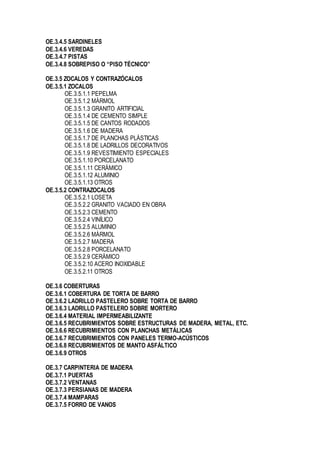 OE.3.4.5 SARDINELES
OE.3.4.6 VEREDAS
OE.3.4.7 PISTAS
OE.3.4.8 SOBREPISO O “PISO TÉCNICO”
OE.3.5 ZOCALOS Y CONTRAZÓCALOS
OE.3.5.1 ZOCALOS
OE.3.5.1.1 PEPELMA
OE.3.5.1.2 MÁRMOL
OE.3.5.1.3 GRANITO ARTIFICIAL
OE.3.5.1.4 DE CEMENTO SIMPLE
OE.3.5.1.5 DE CANTOS RODADOS
OE.3.5.1.6 DE MADERA
OE.3.5.1.7 DE PLANCHAS PLÁSTICAS
OE.3.5.1.8 DE LADRILLOS DECORATIVOS
OE.3.5.1.9 REVESTIMIENTO ESPECIALES
OE.3.5.1.10 PORCELANATO
OE.3.5.1.11 CERÁMICO
OE.3.5.1.12 ALUMINIO
OE.3.5.1.13 OTROS
OE.3.5.2 CONTRAZOCALOS
OE.3.5.2.1 LOSETA
OE.3.5.2.2 GRANITO VACIADO EN OBRA
OE.3.5.2.3 CEMENTO
OE.3.5.2.4 VINÍLICO
OE.3.5.2.5 ALUMINIO
OE.3.5.2.6 MÁRMOL
OE.3.5.2.7 MADERA
OE.3.5.2.8 PORCELANATO
OE.3.5.2.9 CERÁMICO
OE.3.5.2.10 ACERO INOXIDABLE
OE.3.5.2.11 OTROS
OE.3.6 COBERTURAS
OE.3.6.1 COBERTURA DE TORTA DE BARRO
OE.3.6.2 LADRILLO PASTELERO SOBRE TORTA DE BARRO
OE.3.6.3 LADRILLO PASTELERO SOBRE MORTERO
OE.3.6.4 MATERIAL IMPERMEABILIZANTE
OE.3.6.5 RECUBRIMIENTOS SOBRE ESTRUCTURAS DE MADERA, METAL, ETC.
OE.3.6.6 RECUBRIMIENTOS CON PLANCHAS METÁLICAS
OE.3.6.7 RECUBRIMIENTOS CON PANELES TERMO-ACÚSTICOS
OE.3.6.8 RECUBRIMIENTOS DE MANTO ASFÁLTICO
OE.3.6.9 OTROS
OE.3.7 CARPINTERIA DE MADERA
OE.3.7.1 PUERTAS
OE.3.7.2 VENTANAS
OE.3.7.3 PERSIANAS DE MADERA
OE.3.7.4 MAMPARAS
OE.3.7.5 FORRO DE VANOS
 