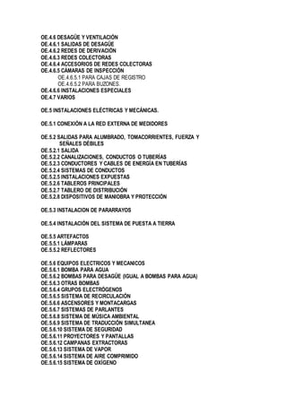 OE.4.6 DESAGÜE Y VENTILACIÓN
OE.4.6.1 SALIDAS DE DESAGÜE
OE.4.6.2 REDES DE DERIVACIÓN
OE.4.6.3 REDES COLECTORAS
OE.4.6.4 ACCESORIOS DE REDES COLECTORAS
OE.4.6.5 CÁMARAS DE INSPECCIÓN
OE.4.6.5.1 PARA CAJAS DE REGISTRO
OE.4.6.5.2 PARA BUZONES.
OE.4.6.6 INSTALACIONES ESPECIALES
OE.4.7 VARIOS
OE.5 INSTALACIONES ELÉCTRICAS Y MECÁNICAS.
OE.5.1 CONEXIÓN A LA RED EXTERNA DE MEDIDORES
OE.5.2 SALIDAS PARA ALUMBRADO, TOMACORRIENTES, FUERZA Y
SEÑALES DÉBILES
OE.5.2.1 SALIDA
OE.5.2.2 CANALIZACIONES, CONDUCTOS O TUBERÍAS
OE.5.2.3 CONDUCTORES Y CABLES DE ENERGÍA EN TUBERÍAS
OE.5.2.4 SISTEMAS DE CONDUCTOS
OE.5.2.5 INSTALACIONES EXPUESTAS
OE.5.2.6 TABLEROS PRINCIPALES
OE.5.2.7 TABLERO DE DISTRIBUCIÓN
OE.5.2.8 DISPOSITIVOS DE MANIOBRA Y PROTECCIÓN
OE.5.3 INSTALACION DE PARARRAYOS
OE.5.4 INSTALACIÓN DEL SISTEMA DE PUESTA A TIERRA
OE.5.5 ARTEFACTOS
OE.5.5.1 LÁMPARAS
OE.5.5.2 REFLECTORES
OE.5.6 EQUIPOS ELECTRICOS Y MECANICOS
OE.5.6.1 BOMBA PARA AGUA
OE.5.6.2 BOMBAS PARA DESAGÜE (IGUAL A BOMBAS PARA AGUA)
OE.5.6.3 OTRAS BOMBAS
OE.5.6.4 GRUPOS ELECTRÓGENOS
OE.5.6.5 SISTEMA DE RECIRCULACIÓN
OE.5.6.6 ASCENSORES Y MONTACARGAS
OE.5.6.7 SISTEMAS DE PARLANTES
OE.5.6.8 SISTEMA DE MÚSICA AMBIENTAL
OE.5.6.9 SISTEMA DE TRADUCCIÓN SIMULTANEA
OE.5.6.10 SISTEMA DE SEGURIDAD
OE.5.6.11 PROYECTORES Y PANTALLAS
OE.5.6.12 CAMPANAS EXTRACTORAS
OE.5.6.13 SISTEMA DE VAPOR
OE.5.6.14 SISTEMA DE AIRE COMPRIMIDO
OE.5.6.15 SISTEMA DE OXÍGENO
 