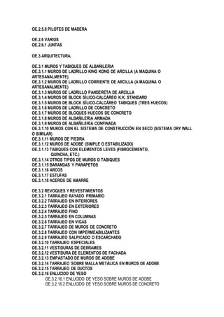 OE.2.5.6 PILOTES DE MADERA
OE.2.6 VARIOS
OE.2.6.1 JUNTAS
OE.3 ARQUITECTURA.
OE.3.1 MUROS Y TABIQUES DE ALBAÑILERIA
OE.3.1.1 MUROS DE LADRILLO KING KONG DE ARCILLA (A MAQUINA O
ARTESANALMENTE).
OE.3.1.2 MUROS DE LADRILLO CORRIENTE DE ARCILLA (A MAQUINA O
ARTESANALMENTE)
OE.3.1.3 MUROS DE LADRILLO PANDERETA DE ARCILLA
OE.3.1.4 MUROS DE BLOCK SÍLICO-CALCÁREO K.K. STANDARD
OE.3.1.5 MUROS DE BLOCK SÍLICO-CALCÁREO TABIQUES (TRES HUECOS)
OE.3.1.6 MUROS DE LADRILLO DE CONCRETO
OE.3.1.7 MUROS DE BLOQUES HUECOS DE CONCRETO
OE.3.1.8 MUROS DE ALBAÑILERÍA ARMADA
OE.3.1.9 MUROS DE ALBAÑILERÍA CONFINADA
OE.3.1.10 MUROS CON EL SISTEMA DE CONSTRUCCIÓN EN SECO (SISTEMA DRY WALL
O SIMILAR)
OE.3.1.11 MUROS DE PIEDRA
OE.3.1.12 MUROS DE ADOBE (SIMPLE O ESTABILIZADO)
OE.3.1.13 TABIQUES CON ELEMENTOS LEVES (FIBROCEMENTO,
QUINCHA, ETC.)
OE.3.1.14 OTROS TIPOS DE MUROS O TABIQUES
OE.3.1.15 BARANDAS Y PARAPETOS
OE.3.1.16 ARCOS
OE.3.1.17 ESTUFAS
OE.3.1.18 ACEROS DE AMARRE
OE.3.2 REVOQUES Y REVESTIMIENTOS
OE.3.2.1 TARRAJEO RAYADO PRIMARIO
OE.3.2.2 TARRAJEO EN INTERIORES
OE.3.2.3 TARRAJEO EN EXTERIORES
OE.3.2.4 TARRAJEO FINO
OE.3.2.5 TARRAJEO EN COLUMNAS
OE.3.2.6 TARRAJEO EN VIGAS
OE.3.2.7 TARRAJEO DE MUROS DE CONCRETO
OE.3.2.8 TARRAJEO CON IMPERMEABILIZANTES
OE.3.2.9 TARRAJEO SALPICADO O ESCARCHADO
OE.3.2.10 TARRAJEO ESPECIALES
OE.3.2.11 VESTIDURAS DE DERRAMES
OE.3.2.12 VESTIDURA DE ELEMENTOS DE FACHADA
OE.3.2.13 EMPASTADO DE MUROS DE ADOBE
OE.3.2.14 TARRAJEO SOBRE MALLA METÁLICA EN MUROS DE ADOBE
OE.3.2.15 TARRAJEO DE DUCTOS
OE.3.2.16 ENLUCIDO DE YESO
OE.3.2.16.1 ENLUCIDO DE YESO SOBRE MUROS DE ADOBE
OE.3.2.16.2 ENLUCIDO DE YESO SOBRE MUROS DE CONCRETO
 