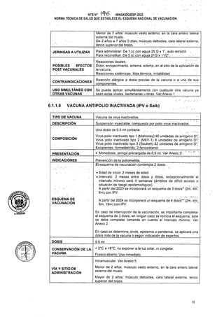 JERINGAS A UTILIZAR
CONTRAINDICACIONES
6.1.1.6 VACUNA ANTIPOLIO INACTIVADA (IPV o Salk)
TIPO DE VACUNA
DESCRIPCIÓN
COMPOSICIÓN
khoiguIn
DOSIS
Intramuscular. Ver Anexo 5
15
+ 2°C a +8°C, no exponer a la luz solar, ni congelar.
Frasco abierto: Uso inmediato.
USO SIMULTÁNEO CON
OTRAS VACUNAS
VÍA Y SITIO DE
ADMINISTRACIÓN
CONSERVACIÓN DE LA
VACUNA
Menor de 2 años: músculo vasto externo, en la cara antero lateral
externa del muslo.
Mayor de 2 años: músculo deltoides, cara lateral externa, tercio
superior del brazo.
En caso de interrupción de la vacunación, es importante completar
el esquema de 3 dosis, en ningún caso se reinicia el esquema, este
se debe completar tomando en cuenta el intervalo mínimo. Ver
Anexo 2.
ESQUEMA DE
VACUNACIÓN
Reacción alérgica a dosis previas de la vacuna o a uno de sus
componentes.. .. . . ........ .. ...............
Se puede aplicar simultáneamente con cualquier otra vacuna ya
sean estas virales; bacterianas u otras. Ver Anexo 1
Menor de 2 años: músculo vasto extérño; en la cara añtéro lateral
externa del muslo.-
De 2 años a 7 años 0 días: músculo deltoides, cara lateral externa,
tercio superior del brazo. ' • ■ . ..' ............
Para administrar: De 1 cc con aguja 25 G x 1”, auto retráctil.
Para reconstituir: De 5 cc con aguja 21 G x 11/2". .
PRESENTACIÓN
INDICACIONES
En caso se determine, brote, epidemia o pandemia, se aplicará una
dosis más de la vacuna o según indicación de expertos.
0.5 mi
Vacuna de virus inactivados.
Suspensión inyectable, compuesta por polio virus inactivados.
Una dosis de 0.5 mi contiene:
Virus polio inactivado tipo 1 (Mahoney) 40 unidades de antígeno-D*
Virus polio inactivado tipo 2 (MEF-1) 8 unidades'de antígéño D--
Virus polio inactivado tipo 3 (Saukett) 32 unidades de antígeno D*.
Excipientes: formaldehído, 2-fenoxietanol_____________________
• Monodosis, jeringa precargada de Ó,5.ml. Ver Anexo 3" ' ‘ 1
Prevención de la poliomielitis._______________________________
El esquema de vacunación contémplá 2 dosis:
• Edad de inicio: 2 meses de edad.
• Intervalo: 2 meses entré dosis y dosis, excepcióñálméñté'él
intervalo mínimo será 4 semanas (ámbitos de difícil acceso p
situación de riesgo epidemiológico). ..
A partir del 2023 se incorporará un esquema de 3 dosis* (2rhj 4m j
6m) con IPV.
NTSN° 196 -MINSÁ/bGIÉSP-2022
NORMA TÉCNICA DE SALUD QUE ESTABLECE EL ESQUEMA NACIONAL DE VACUNACIÓN
Reacciones locales:
Dolor, enrojecimiento, eritema, edema, en el sitio de ía aplicación de
la vacuna. . . . . . .
Reacciones sistémicas: Alza térmica, irritabilidad. ■
... '
A partir dél 2024 se incorporará un esquema de 4 dosis** (2m, 4m,
6m, 18m) con IPV.
POSIBLES EFECTOS
POST VACUNALES
Im tózfclíxjKn -gy
>Oj
 