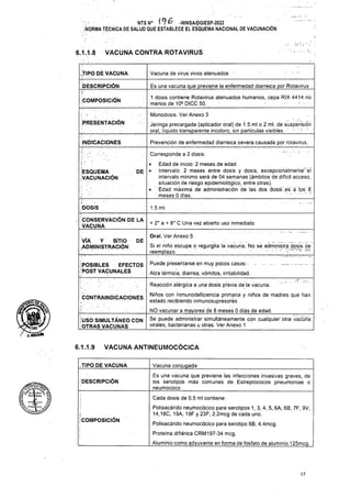 6.1.1.8 VACUNA CONTRA ROTAVIRUS
..TIPO DÉ VACUNA Vacuna de virus vivos atenuados '
Es una vacuna que previene la enfermedad diarreica por Rotavirus ■
PRESENTACIÓN
Prevención de enfermedad diarreica severa causada por rotavirus.
1.5 ml.
+ 2° a + 8° C Una vez abierto uso inmediato
Oral. Ver Anexo 5
DE
CONTRAINDICACIONES
VACUNA ANTINEUMOCÓCICA
6.1.1.9
TIPO DE VACUNA
iDESCRIPCIÓN
Cada dosis de 0.5 mi contiene:
17
Puede presentarse en muy pocos casos: ■
Alza térmica, diarrea, vómitos, irritabilidad.
1 dosis contiene Rotavirus atenuados humanos, cepa RIX 4414 no
menos de 106 DICC 50. -
Polisacárido neumocócico para serotipos 1,3, 4, 5, 6A, 6B, 7F, 9V,
14,18C, 19A, 19F y 23F; 2.2mcg de cada uno.
Polisacárido neumocócico para serotipo 6B, 4.4mcg.
Proteína diftérica CRM197-34 mcg.
Aluminio como adyuvante en forma de fosfato de aluminio 125mcg.
■
COMPOSICIÓN
¡ .
VÍA Y SITIO
ADMINISTRACIÓN
/moo*
Vacuna conjugada
Es una vacuna que previene las infecciones invasivas graves, de
los serotipos más comunes de Estreptococos pneumoniae o
neumococo
■1 ' ■ ■ • ■ . ■ •
USO SIMULTÁNEO CON
OTRAS VACUNAS
DESCRIPCIÓN
§ '
COMPOSICIÓN
INDICACIONES
ESQUEMA DE
VACUNACIÓN
Si el niño escupe o regurgita la vacuna, No se administra .dosis de
reemplazo. ______ ' ’ ' ' ' ' ' ' :
Corresponde a 2 dosis:
• Edad de inicio: 2 meses de edad
• Intervalo: 2 meses entre dosis y dosis, excepc¡oriálmeñte::el
intervalo mínimo será de 04 semanas (ámbitos de difícil acceso,
situación de riesgo epidemiológico, entre otras).
• Edad máxima de administración de las . dos dosis "es á .los' 8
" meses 0 días.
Monodosis. Ver Anexo 3
Jeringa precargada (aplicador oral) de i.5 mi o 2 mi. dé suspensión
oral, líquido transparente incoloro, sin partículas visibles.
Reacción" alérgica a una dosis previa de la vacuna.
Niños con Inmunodeficiencia primaria y niños de madres que han
estado recibiendo inmunosupresorés
NO vacunar a mayores de 8 meses 0 días de edad.____________
Se puede administrar simultáneamente con cualquier- otra- váóüña
virales, bacterianas u otras. Ver Anexo 1
' ■ " - '
DOSIS
í I
CONSERVACIÓN DE LA
VACUNA
UHf,
POSIBLES EFECTOS
POST VACUNALES
NTSN0 -MINSA/DGIESP-2022
NORMA TÉCNICA DE SALUD QUE ESTABLECE EL ESQUEMA NACIONAL DE VACUNACIÓN
U8.fflS0ena W
/ft totol Barrara x
k “w- Il
 