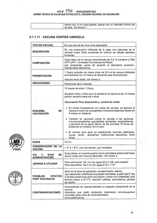 6.1.1.11 VACUNA CONTRA VARICELA
TIPO DE VACUNA Es una vacuna de virus vivos atenuados
DESCRIPCIÓN
COMPOSICIÓN
PRESENTACIÓN
INDICACIONES Prevención de la Varicela.
12 meses de edad: 1 Dosis.
Vacúnación Post Exposición y control de brote:
DE
0.5 mi.
DOSIS
+ 2o a + 8°C. Una vez abierto, uso inmediato.
DE
JERINGA A UTILIZAR
CONTRAINDICACIONES
20
Subcutánea, en la parte superior de la cara lateral externa del brazo
(tercio medio del músculo deltoides). Ver Anexo 5
Para administrar: De 1cc con aguja 25 G x 5/8, auto retráctil.
Para reconstituir: De 5 cc con aguja 21G x 11/2”
ESQUEMA.
VACUNACIÓN
CONSERVACIÓN DE LA
VACUNA
Es una preparación liofilizada de la cepa viva atenuada de la
varicela (cepa OKA) producida en cultivos de células diploides
humanas.
1 frasco ampolla con dosis única de 0.5 mi de vacuna liofilizada
acompañada con un frasco de diluyente para reconstitución.
Vacuna mono dosis. Ver Anexo 3 ...
Aquellos niños y niñas que no recibieron la vacuna a los 12 meses
podrán recibirla hasta los 4 años.
mismo día, si no fuera posible, aplicar con un intervalo mínimo de
30 días. Ver Anexo 1
Cada dosis de la vacuna reconstituida de 0,5 mi contiene >1350
UFP (UFP = Unidades Formadoras de Placa)
Los excipientes varían de acuerdo al laboratorio productor,
Conservante Neomicina.
• En brotes hospitalarios con casos de varicela, se aplicará la
vacuna a todos los susceptibles inmunocompetentes desde los
9 meses en adelante. . . -
• También se vacunará contra la varicela a las personas
inmunocompetentes susceptibles (pacientes, acompañantes
y personal de la salud) dentro de las primeras 72 horas de
producido el contacto con el caso.
Dolor en la zona de aplicación, enrojecimiento, edema.
Las reacciones sistémicas se pueden manifestar a partir.del 5° día
a 30 días posteriores de la vacunación; cursan con irritabilidad, alza
térmica mayor a 37.7°C, reacción cutánea, somnolencia, pérdida
de apetito.
Antecedentes de hipersensibilidad a cualquier componente de la
vacuna.
Individuos que estén recibiendo tratamiento inmunosupresor
(incluidas dosis altas de corticosteroides).
Inmunodeficiencia
NTS N° -MINSA/DGIESP-2022
NORMA TÉCNICA DE SALUD QUE ESTABLECE EL ESQUEMA NACIONAL DE VACUNACIÓN
• El manejo será igual en poblaciones cautivas (albergues,
cunas, jardín, guarderías, instituciones educativas, entre
otros).
x?6 DG
¡ A.H01GUIN
VÍA Y SITIO
ADMINISTRACIÓN
POSIBLES EFECTOS
POST VACUNALES
 