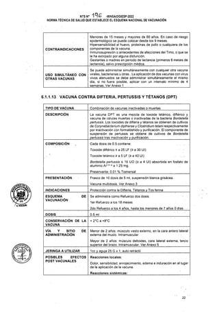 CONTRAINDICACIONES
6.1.1.13 VACUNA CONTRA DIFTERIA, PERTUSSIS Y TÉTANOS (DPT)
TIPO DE VACUNA Combinación de vacunas inactivadas o muertas
DESCRIPCIÓN
COMPOSICIÓN Cada dosis de 0.5 contiene:
PRESENTACIÓN
INDICACIONES Protección contra la Difteria, Tétanos y Tos ferina
DE Se administra como Refuerzo dos dosis:
1er Refuerzo a los 18 meses
2do Refuerzo a los 4 años, hasta los menores de 7 años 0 días
0.5 mi
+ 2°C a +8°C
DE
JERINGA A UTILIZAR 1cc y aguja 25 G x 1; auto retráctil
Reacciones locales:
22
Frasco de 10 dosis de 5 mi, suspensión blanca grisácea.
Vacuna multidosis. Ver Anexo 3
USO SIMULTÁNEO CON
OTRAS VACUNAS
ESQUEMA
VACUNACIÓN
La vacuna DPT es una mezcla de toxoide tetánico, diftérico y
vacuna de células muertas o inactivadas de la bacteria Bordetella
pertussis. Los toxoides de difteria y tétanos se obtienen de cultivos
de Corynebacterium diptherae y Clostridium tetan! respectivamente
por inactivación con formaldehido y purificación. El componente de
suspensión de pertussis se obtiene de cultivos de Bordetella
pertussis tras inactivación y purificación.
Menores de 15 meses y mayores de 60 años. En caso de riesgo
epidemiológico se puede colocar desde los 9 meses.
Hipersensibilidad al huevo, proteínas de pollo o cualquiera de los
componentes de la vacuna.
Inmunosupresión o antecedentes de afecciones del Timo, o que se
le ha extirpado por alguna disfunción.
Gestantes o madres en periodo de lactancia (primeros 6 meses de
lactancia), salvo prescripción médica.
Se puede administrar simultáneamente con cualquier otra vacuna
virales, bacterianas u otras.. La aplicación de dos vacunas con virus
vivos atenuados se debe administrar simultáneamente el mismo
día, si no fuera posible, aplicar con un intervalo mínimo de 4
semanas. Ver Anexo 1
Toxoide diftérico < a 25 LF (> a 30 Ul)
Toxoide tetánico 2 a 5 LF (2 a 40 Ul)
Bordetella pertussis < 16 UO (> a 4 Ul) absorbida en fosfato de
aluminio Al*++ 5 a 1.25 mg.
Preservante: 0.01 % Tiomersal
Dolor, sensibilidad, enrojecimiento, edema e induración en el lugar
de la aplicación de la vacuna.
Reacciones sistémicas:
Menor de 2 años: músculo vasto externo, en la cara antero lateral
externa del muslo. Intramuscular
Mayor de 2 años: músculo deltoides, cara lateral externa, tercio
superior del brazo. Intramuscular, Ver Anexo 5
DOSIS
CONSERVACIÓN DE LA
VACUNA
NTSN° ^95 -MINSA/DGIESP-2022
NORMA TÉCNICA DE SALUD QUE ESTABLECE EL ESQUEMA NACIONAL DE VACUNACIÓN
VÍA Y SITIO
ADMINISTRACIÓN
7^
Q* DG^Z
/kHOLGU*
POSIBLES EFECTOS
POST VACUNALES
 