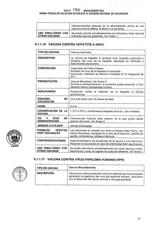 6.1.1.16 VACUNA CONTRA HEPATITIS A (HAV)
Vacuna inactivada .
COMPOSICIÓN
PRESENTACIÓN
la Hepatitis 'A (Grupo
INDICACIONES
DE Una sola dosis a los 15 meses de edad.
0.5 mi
+ 2°C a +8°C y mantenerse protegidas de la luz..Uso.inmediato.
DE
JERINGA A UTILIZAR
CONTRAINDICACIONES
6.1.1.17 VACUNA CONTRA VIRUS PAPILOMA HUMANO (VPH)
Vacuna Recombinante
TIPO DE VACUNA
DESCRIPCIÓN
vil0
25
/DO >
__ '
A-HOLGUlN
USO SIMULTÁNEO CON
OTRAS VACUNAS
USO SIMULTÁNEO CON
OTRAS VACUNAS
Intramuscular músculo vasto externo, ■ en la cara anteró' lateral
externa del muslo. Ver Anexo 5 ■ ■
La vacuna de Hepatitis A contiene virus completo inactivado-o'
antígeno del virus de la Hepatitis absorbido en hidróxido o
hidroxifosfato de aluminio : ■
Vacuna que ofrece protección contra la infección por los principales
genotipos oncogénicos del virus del papiloma humano, asociados
con el desarrollo del cáncer cervical y verrugas genitales.
Hipersensibilidad a los excipientes de la vacuna o a la neomicina.
Posponer la vacunación en caso de enfermedad febril aguda grave.
Se puede administrar simultáneamente con otras vacunas virales,
bacterianas u otras, en lugares de inyección diferente. Ver Anexo 1
TIPO DE VACUNA
DESCRIPCIÓN
Hipersensibilidad después de la administración previa de una
vacuna contra la difteria, el tétano y la tos ferina.
Se puede vacunar simultáneamente con Influenza y otras vacunas
indicadas para las gestantes. Ver Anexo 1 •
Jeringa precargada
Las reacciones en cuestión son leves e incluyen dolor local y, con
menor frecuencia, induración en el sitio de la inyección, pérdida de
apetito, somnolencia, cefalea o febrícula.
NTS N° ^6 -MINSA/DGIESP-2022
NORMA TÉCNICA DE SALUD QUE ESTABLECE EL ESQÜEMA NACIONAL DE VACUNACIÓN
//7 KSL-Jsixn
Vacuna Monodosis. Ver Anexo 3
Durante el almacenamiento, él contenido puede presentar un’ finó
depósito blanco transparente incoloro.
Prevención contra ' la’ infección de
picórnavirus) ' ■ ■ '
Cada dosis de 0.5ml contiene:
Antígeno de virus de la Hepatitis A inactivada
Adyuvante: Hidróxido de Alúminio Hidratado (0.15 miligfamós' dé
A|3+). ■ -
ESQUEMA
VACUNACIÓN
DOSIS
CONSERVACIÓN DE LA
VACUNA,_______
VÍA Y SITIO
ADMINISTRACIÓN
POSIBLES EFECTOS
POST VACUNALES
 