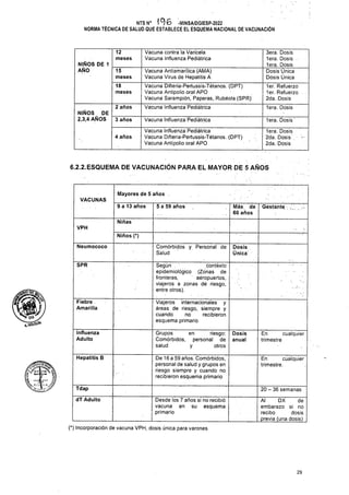 2 años lera. Dosis
Vacuna Influenza Pediátrica
3 años lera. Dosis'
4 años
6.2.2.ESQUEMA DE VACUNACIÓN PARA EL MAYOR DE 5 AÑOS
Mayores de 5 años .
VACUNAS
Gestante .
9 a 13 años 5 a 59 años
Niñas
VPH
Niños (*)
Neumococo
SPR
l
Hepatitis B
i
Tdap 20 - 36 semanas
dT Adulto
(*) Incorporación de vacuna VPH, dosis única para varones
29
Dosis
Única
Influenza
Adulto
Fiebre
Amarilla
NIÑOS DE 1
AÑO
Vacuna Influenza Pediátrica
Vacuna Difteria-Pertussis-Tétanos. (DPT)
Vacuna Antipolio oral APO
Vacuna contra la Varicela
Vacuna Influenza Pediátrica
De 16 a 59 años. Comórbidos,
personal de salud y grupos en
riesgo siempre y cuando no
recibieron esquema primario
Grupos
Comórbidos,
salud
Comórbidos y Personal de
Salud
Dosis
anual
Más de
60 años
En cualquier
trimestre.
lera. Dosis
2da. Dosis
2da. Dosis
1er. Refuerzo
1er. Refuerzo ..
2da. Dosis
de
no
15
meses
18
meses
12
meses
3era. Dosis
lera. Dosis -
lera. Dosis
Dosis Unica
Dosis Única
En cualquier
trimestre
NTS N° 1^6 -MINSA/DGIESP-2022
NORMA TÉCNICA DE SALUD QUE ESTABLECE EL ESQUEMA NACIONAL DE VACUNACIÓN
Desde los 7 años si no recibió
vacuna en su esquema
primario
NIÑOS DE
2,3,4 AÑOS
en riesgo:
personal de
y otros
Al DX
embarazo si
recibo dosis
previa (una dosis) |
Vacuna Antiamarílica (AMA)
Vacuna Virus de Hepatitis A
Vacuna Difteria-Pertussis-Tétanos. (DPT)
Vacuna Antipolio oral APO
Vacuna Sarampión, Paperas, Rubéola (SPR)
Vacuna Influenza Pediátrica
Viajeros internacionales y
áreas de riesgo, siempre y
cuando no recibieron
esquema primario
Según . contexto
epidemiológico (Zonas de
fronteras, aeropuertos,
viajeros a zonas dé riesgo,
entre otros).
OS'/
 