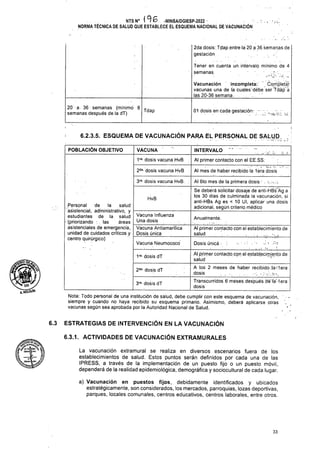 Tdap 01 dosis en cada gestación:.
. i.: -r-ie.-vz. '‘-i-
6.2.3.S. ESQUEMA DE VACUNACIÓN PARA EL PERSONAL DE SALUD.
POBLACIÓN OBJETIVO VACUNA INTERVALO
2da- dosis vacuna HvB
3ra- dosis vacuna HvB. .
HvB
Anualmente.
Vacuna Neumococo Dosis única -
1ra- dosis dT
2da- dosis dT
3ra- dosis dT
KHOtGV'N
ESTRATEGIAS DE INTERVENCIÓN EN LA VACUNACIÓN
6.3
6.3.1. ACTIVIDADES DE VACUNACIÓN EXTRAMURALES
33
Tener en cuenta un intervalo mínimo de 4
semanas .. . . ...
2da dosis: .Tdap entre la 20 .a 36 semanas de
gestación . .
20 a 36 semanas (mínimo 8
semanas después de la dT)
Nota: Todo personal de una institución de salud, debe cumplir con este esquema de vacunación, ’ - •
siempre y cuando no haya recibido su esquema primario. Asimismo, deberá aplicarse otras
vacunas según sea aprobada por la Autoridad Nacional de Salud. '
La vacunación extramural se realiza en diversos escenarios fuera de los
establecimientos de salud. Estos puntos serán definidos por cada una de las
IPRESS, a través de la implementación de un puesto fijo o un puesto móvil,
dependerá de la realidad epidemiológica, demográfica y sociocultural de cada lugar.
Al primer contacto con el establecimiento de
salud ................
. r.
Vacuna Influenza
Una dosis
Vacuna Antiamarílica
Dosis única
NTS N° 196 -MINSA/DGIESP-2022 ■
NORMA TÉCNICA DE SALUD QUE ESTABLECE EL ESQUEMA NACIONAL DE VACUNACIÓN
Al 6to mes de la primera dosis ■ :
Se deberá solicitar dosaje de anti-HBs'Ág a
los 30 días de culminada la vacunación, si
anti-HBs Ag es < 10 Ul, aplicar una dosis
adicional, según criterio médico
Al primer contacto.con el establecimiento de
salud
A los 2 meses de haber recibido .la dera
.dosis
Transcurridos 6 meses después dé iá'-lera
dosis
1ra-dosis vacuna HvB
iff - iAr.nelünQ
a. V"V
Vacunación incompleta:. ' Completar
vacunas una de la Cua.les’débe ser tdáp’á
las 20-36 semana
Personal de la salud
asistencial, administrativo, y
estudiantes de la salud
• (priorizando : . las áreas
asistenciales de emergencia,
unidad de cuidados críticos y
centro quirúrgico)
a) Vacunación en puestos fijos, debidamente identificados y ubicados
estratégicamente, son considerados, los mercados, parroquias, lozas deportivas,
parques, locales comunales, centros educativos, centros laborales, entre otros.
...
Al primer contacto con el EE.SS.
I.;.:
Al mes de haber recibido la lera dosis
 