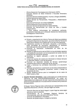 Sus actividades principales son:
las
de
de
38
NTS N° -MINSA/DGIESP-2022
NORMA TÉCNICA DE SALUD QUE ESTABLECE EL ESQUEMA NACIONAL DE VACUNACIÓN
Oficina General de Tecnologías de la Información (OGTI).
Dirección General de Salud Ambiental e Inocuidad Alimentaria
(DIGESA).
Dirección General de Medicamentos, Insumes y Drogas (DIGEMID).
Instituto Nacional de Salud (INS).
Oficina General de Planeamiento, Presupuesto y Modernización
(OGPPM).
Dirección de Promoción de la Salud (DPROM).
Oficina General de Comunicaciones (OGC).
Dirección General de Operaciones en Salud (DGOS).
Dirección de Intervenciones por Curso de Vida y Cuidado
Integral (DVICI).
Y otros órganos institucionales de considerarlo pertinente,
previamente autorizado por la Dirección General de Intervenciones
Estratégicas en Salud Pública.
Dirección Ejecutiva de Salud Integral, o quien haga las veces según
estructura, quien lo presidirá.
Coordinador(a) de la Estrategia Regional Sanitaria
Inmunizaciones, quien ejercerá la Secretaría Técnica.
Dirección de Estadística e Informática.
Dirección de Epidemiología o Inteligencia Sanitaria.
El Equipo Técnico Regional debe conformarse por representantes de las
siguientes direcciones u oficinas, o las que hagan sus veces:
> EQUIPO TÉCNICO REGIONAL: están conformados por comités técnicos
operativos de cada DIRESA/GERESA/DIRIS/UE, los cuales son
responsables de la elaboración del plan regional de inmunizaciones y de
garantizar las actividades de inmunizaciones en el ámbito de la jurisdicción
correspondiente.
L -J- i
a) Difusión y capacitación de la Norma Técnica de Salud que establece
él Esquema Nacional de Vacunación, así como la.Norma Técnica de
Salud para el Manejo de la Cadena de Frío en las Inmunizaciones.
b) Implementar acciones de información, educación y comunicación,
sobre actividades de vacunación, garantizando un escenario
informado para las intervenciones en el público objetivo.
c) Promover la articulación multisectorial en favor
inmunizaciones.
d) Realizar la vigilancia activa de los ESAVI en las actividades regulares
y campañas de vacunación o en la incorporación de nuevas vacunas
al esquema de vacunación nacional.
e) Garantizar un registro adecuado y control de calidad de la
información.
f) Contar con reportes del sistema de información en tiempo real para
un adecuado análisis y toma de decisiones.
g) Promover y/o desarrollar estudios de fármaco epidemiología
necesarios para evaluar la seguridad de las vacunas.
h) Vigilar y monitorear las actividades relacionadas a la vacunación
segura.
i) Participar activamente en coordinación con los otros componentes en
las acciones de investigación, prevención, control y manejo de
situaciones de crisis.
j) Brindar asistencia técnica para la investigación de los casos de
ESAVI severo y fatal.
 