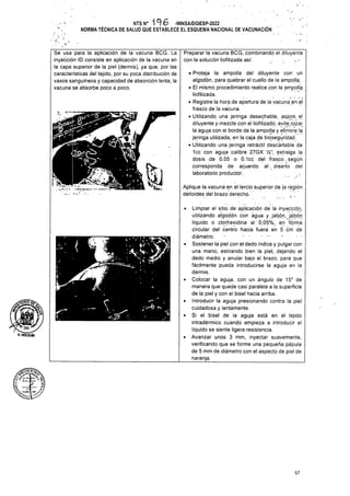 5 cm de
57
Preparar la vacuna BCG, combinando el diluyente
con la solución liofilizada así:
Se usa para la aplicación de la vacuna BCG. La
inyección ID consiste en aplicación de la vacuna en
la capa superior de la piel (dermis), ya que, por las
características del tejido, por su poca distribución de
vasos sanguíneos y capacidad de absorción lenta, la
vacuna se absorbe poco a poco.
NTS N° 1 9 6 -MINSA/DGIESP-2022 '
NORMA TÉCNICA DE SALUD QUE ESTABLECE EL ESQUEMA NACIONAL DE VACUNACIÓN
i
■
A-HOIGUIn
Aplique la vacuna en el tercio superior de la región
deltoides del brazo derecho.’ . .
• Limpiar el sitio de aplicación de la inyección,
utilizando algodón con agua y ,jabón, jabón
líquido o clorhexidina al O..Ó5%, en forma
circular del centro hacia fuera en 5 cm de
diámetro. • - ‘ • -•
• Sostener la piel con el dedo índice y pulgar con
una mano, estirando bien la piel, dejando el
dedo medio y anular bajo el brazo, para que
fácilmente pueda introducirse la aguja en la
dermis.
• Colocar la aguja, con un ángulo de 15° de
manera que quede casi paralela a la superficie
de la piel y con el bisel hacia arriba.
• Introducir la aguja presionando contra la piel
cuidadosa y lentamente.
• Si el bisel de la aguja está en el tejido
intradérmico cuando empieza a introducir el
líquido se siente ligera resistencia.
• Avanzar unos 3 mm, inyectar suavemente,
verificando que se forme una pequeña pápula
de 5 mm de diámetro con el aspecto de piel de
naranja.
w
• Proteja la ampolla del diluyente con un
algodón, para quebrar el cuello de la ampolla.
• El mismo procedimiento realice con la ampolla,
liofilizada. , ■ . .
• Registre la hora.de apertura de la vacuna en.el
frasco de la vacuna.
• Utilizando una jeringa desechadle, aspire el
diluyente y mezcle con el liofilizado, evite ,rpzar
la aguja con el borde de la ampolla y elimine la
jeringa utilizada, en la caja de biosegiiridad.
• Utilizando una jeringa retráctil descartadle de
1cc con aguja calibre 27GX Vz"; extraiga la
dosis .de 0.Ó5 o O.lcc del frasco.según
corresponda de acuerdo al. inserto del
laboratorio productor.
 
