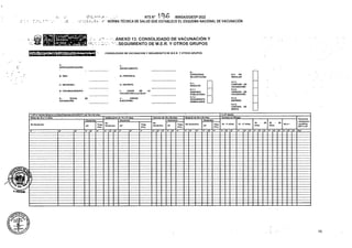 /■ ■ ' ■
.'A
ANEXO 13: CONSOLIDADO DE VACUNACIÓN Y
’. SEGUIMIENTO DE M.E.R. Y OTROS GRUPOS
CONSOLIDADO DE VACUNACION Y SEGUIMIENTO DE M.E.R. Y OTROS GRUPOS
GERESA/DIRESA/DIRIS DEPARTAMENTO:
G.- PROVINCIA:
8.« RED :
H.- DISTRITO:
C.-MICRORED :
LA
D.- ESTABLECIMIENTO
DE
Gestantes
29 59
10>11 Años 12-17 Años 60 a*
No Gestantes
No Gestantes DT
DT
OT
DT
2® 3° Reí
2° 3° 2® 3® 2® 3° 2® 3®
2® 3® 2®
2°- 3® 2®
2® 3® 2®
2® 3® 2®
L<£g
DG
A.HOLGUW .
70
No
Gestantes
No
Gestantes
Tdap
27ss
E.- FECHA
VACUNACIÓN:
Tdap
27ss
I.- LUGAR DE
VACUNACION (Localidad):
J.- UNIDAD
EJECUTORA:
Tdap
27ss
Tdap
27ss
ESTRATEGIA
DE CAPTACIÓN
30
Años
K.1.1.
DEMANDA
POBLACIONAL
SEGUIMIENTO
DOMICILIARIO
K.2.1.
CAMPAÑA DE
VACUNACIÓN
K.2.2.
JORNADA DE
VACUNACIÓN
K.2.4.
CONTROL DE
BROTE
K.2.3.
BARRIDO
18
Años
K.I.-
REGULAR
1,dT/ d Adulto Mujeres en Edad Reproductiva (M.E.F.) de 10 a 49 años
Niñas de 10 a 11 años__________________________________________ Mujeres de 30 a 49 años
Gestantes
Adolescente de 12 a 17 años
Gestantes
Jóvenes de 18 a 29 años
Gestantes
2. dT Adulto
Varones en Riesgo
NTSN° -MINSA/DGIESP-2022
i NORMATÉCNICA DE SALUD QUE ESTABLECE EL ESQUEMA NACIONAL DE VACUNACIÓN
K.2.- NO
REGULAR
Personas
c/esquema
completo
DPT o dT
¡PERÚ -Ministerio • .
 