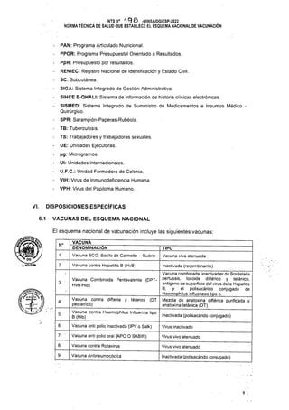 VIH: Virus de Inmunodeficiencia Humana.
VPH: Virus del Papiloma Humano.
DISPOSICIONES ESPECÍFICAS
VI.
6.1 VACUNAS DEL ESQUEMA NACIONAL
El esquema nacional de vacunación incluye las siguientes vacunas:
i
2
A.HOLGUIH Vacuna contra Hepatitis B (HvB)
3
4
5 Inactivada (polisacárido conjugado)
6 Virus inactivado
7 ' Vacuna anti polio oral (ARO O SABIN) Virus vivo atenuado
Vacuna contra Rotavirus
8 Virus vivo atenuado
Vacuna Antineumocócica Inactivada (polisacárido conjugado)
8
SISMED: Sistema Integrado de Suministro de Medicamentos e Insumos Médico -
Quirúrgico.
SPR: Sarampión-Paperas-Rubéola.
TB: Tuberculosis.
TS: Trabajadores y trabajadoras sexuales.
UE: Unidades Ejecutoras.
pg: Microgramos.
Ul: Unidades Internacionales.
U.F.C.: Unidad Formadora de Colonia.
PAN: Programa Articulado Nutricional.
PPOR: Programa Presupuestal Orientado a Resultados.
PpR: Presupuesto por resultados.
RENIEC: Registro Nacional de Identificación y Estado Civil.
SC: Subcutánea.
SIGA: Sistema Integrado de Gestión Administrativa.
SIHCE E-QHALI: Sistema de información de historia clínicas electrónicas.
Vacuna Combinada Pentavalente (DPT-
HvB-Hib)
9
■
Vacuna contra difteria y tétanos (DT
pediátrico)
Vacuna contra Haemophilus Influenza tipo
B (Hib)
Vacuna anti polio Inactivada (IPV o Salk)
VACUNA_____________________
DENOMINACIÓN
Vacuna BCG: Bacilo de Calmette - Guérin
TIPO
Vacuna viva atenuada
N°
NTSN° ^19© -MINSA/DGIESP-2022
NORMA TÉCNICA DE SALUD QUE ESTABLECE EL ESQUEMA NACIONAL DE VACUNACIÓN
Inactivada (recombinante)
Vacuna combinada: inactivadas de Bordetella
pertussis, toxoide diftérico y tetánico,
antígeno de superficie del virus de la Hepatitis
B, y el polisacárido conjugado de
Haemophilus influenzae tipo b.___________
. Mezcla de anatoxina diftérica purificada y
anatoxina tetánica (DT)
 