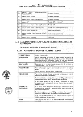 Sarampión-Rubéola-
Virus vivo atenuado
10
Virus vivo atenuado
Vacuna contra Varicela
11
Virus vivo atenuado
Vacuna contra Fiebre amarilla (AMA)
12
Toxoide (DT) e inactiva (P)
13 Vacuna DPT
Toxoide (dT)
Vacuna contra difteria y tétanos (dT adulto)
14 .
Toxoide (dT) acelular pertüssis(pa) J
Vacuna contra difteria y tétanos (Tdap)
1.5
Inactivada (absorbida)
16
Inactivada (recpmbinante)
17
18 Vacuna contra Influenza Inactivada
6.1.1
Se considera la aplicación de las siguientes vacunas: .
VACUNA BCG: BACILO DE CALMETTE - GUÉRIN
6.1.1.1
COMPOSICIÓN
PRESENTACIÓN
Frascos Multidosis (10 o 20 dosis). Ver Anexo 3
INDICACIONES
DOSIS
9
ESQUEMA DE
VACUNACIÓN
CARACTERÍSTICAS DE LAS VACUNAS DEL ESQUEMA NACIONAL DE
VACUNACIÓN
Recién nacidos con peso igual o mayor de 1500gr, administrar la
dosis correspondiente dentro de las 24 horas de nacidos.
Si no recibe dentro de las 24 horas, administrar la dosis
correspondiente lo antes posible durante el primer año de vida (11
meses 29 días).
Si no recibe dentro del primer año de vida, administrar la dosis
correspondiente hasta los 5 años cumplidos, previo descarte de
infección por tuberculosis.
En el caso de peso menor de 1500gr o niños con alguna situación
especial, la aplicación de la vacuna será con indicación médica.
En el caso de niño prematuro, una vez recuperado el peso de
1500gr, podrá iniciar su vacunación.
Dosis única de 0.05 mi o 0.1 mi (según precisiones del laboratorio
productor).
Prevenir las formas clínicas graves de la tuberculosis infantil:
meningitis tuberculosa y diseminada.
Vacuna contra Hepatitis “A”
Vacuna contra Virus Papiloma Humano'
(VPH)
Vacuna viva atenuada
Vacuna preparada por cultivo en medio líquido deí ”Bácild;'d‘é
Caímette-Guérin (BCG), que correspohde'a una cepá áténuádá dé!
Mycobacterium bovis, preparada a partir de una cepa estándar
suministrada anualmente por el Instituto Pasteur, de Paris., ■■
Cada dosis de 0.1 mi reconstituida, contiene: T X 105 dél bacilo de
Calmette-Guéñn y 33 X 105 U.F.C. , ■ ■ ■. . .
Polvo liofilizado que requiere reconstitución con cloruro de sodio al
9/1000. ■ • • •„
TIPO DE VACUNA
DESCRIPCIÓN
Vacuna contra
. Parotiditis (SPR)
NTS N° 1 -MINSA/DGIESP-2022
NORMA TÉCNICA DE SALUD QUE ESTABLECE EL ESQUEMA NACIONAL DE VACUNACIÓN
 