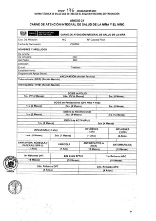 CARNÉ DE ATENCIÓN INTEGRAL DE SALUD DE LA NIÑA
Cod. De Afiliación: H.C N° Carpeta FAM:
Fecha de Nacimiento: CUI/DNI:
NOMBRES Y APELLIDOS
Teléfono:
Anti hepatitis: (HVB) (Recién Nacido)
1ra. IPV (2 Meses) 3ra. (6 Meses)
1ra. (2 Meses) 3ra. (6 Meses)
1ra. (2 Meses) 3ra. (12 Meses)
DOSIS de ROTAVIRUS
1ra. (2 Meses) 2da. (4 Meses)
INFLUENZA (<1 año)
• lera. (6 Meses) 2da. (7 Meses) (1 Año)
VARICELA ANTIAMARILICA
(1 Año) (15 Meses)
1er Refuerzo DPT 2da Dosis SPR-2 1er Refuerzo APO
(18 Meses) (18 Meses) (18 Meses)
94
ANEXO 21
CARNÉ DE ATENCIÓN INTEGRAL DE SALUD DE LA NIÑA Y EL NIÑO
INFLUENZA
2 años
INFLUENZA
1 año
?DG
A-HOLGUlN
________________________________VACUNACION (Anotar Fechas)
Tuberculosis: (BCG) (Recién Nacido) ............
De la Niña:_____________
De la Madre:___________
Del Padre:
Dirección:
E-mail:________________
Establecimiento:_________
Programa de Apoyo Social:
2do. Refuerzo DPT
(4 Años)
DOSIS de Pentavalente (DPT +Hib + HvB)
2da. (4 Meses) |
2do. Refuerzo APO
(4 Años)
SARAMPIÓN, RÚBEOLA y
PAPERAS (SPR-1)
(1 Año)
DOSIS de POLIO
2da. IPV (4 Meses)
DOSIS de NEUMOCOCO
2da. (4 Meses)
ANTIHEPATITIS A
(HVA)
(15 Meses)
DNI:
DNI:
NTS N° -MINSA/DGIESP-2022
NORMA TÉCNICA DE SALUD QUE ESTABLECE EL ESQUEMA NACIONAL DE VACUNACIÓN
¿Vi
/fi h’-tftoclL-rtia
I -lt- f
VsV ¿7/
^4-. "Z
(2 Años)
r -
 