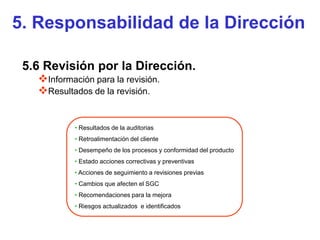 5. Responsabilidad de la Dirección

 5.6 Revisión por la Dirección.
   Información para la revisión.
   Resultados de la revisión.


            • Resultados de la auditorias
            • Retroalimentación del cliente
            • Desempeño de los procesos y conformidad del producto
            • Estado acciones correctivas y preventivas
            • Acciones de seguimiento a revisiones previas
            • Cambios que afecten el SGC
            • Recomendaciones para la mejora
            • Riesgos actualizados e identificados
 