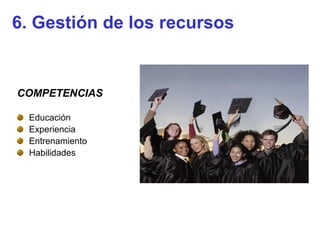 6. Gestión de los recursos


COMPETENCIAS

 Educación
 Experiencia
 Entrenamiento
 Habilidades
 