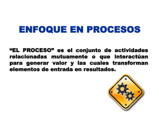ENFOQUE EN PROCESOS

“EL PROCESO” es el conjunto de actividades
relacionadas mutuamente o que interactúan
para generar valor y las cuales transforman
elementos de entrada en resultados.
 