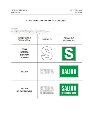 NTP 399.010-1
68 de 94
NORMA TÉCNICA
PERUANA
SEÑALES DE EVACUACIÓN Y EMERGENCIA
SIGNIFICADO
DE LA SEÑAL SÍMBOLO
SEÑAL DE
SEGURIDAD
ANTECEDENTES
ZONA
SEGURA
EN CASO
DE SISMO
SALIDA
SALIDA
DE EMERGENCIA
NFPA 101, Capitulo 7. Medios de Egreso. (Señalización de las Rutas de Evacuación).
NTC 1700, Higiene y Seguridad, medidas de seguridad en edificaciones, medios de evacuación.
IRAM 10005-1:1982, Colores y Señales de Seguridad. Colores y Señales Fundamentales.
NCH1411/2 - Of 1978, Prevención de Riesgos - Parte 2: Señales de Seguridad.
 