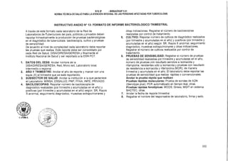 NTS N° - MINSAIDGSP V.01
NORMA TÉCNICA DE SALUD PARA LA ATENCIÓN INTEGRAL DE LAS PERSONAS AFECTADAS POR TUBERCULOSIS
INSTRUCTIVO ANEXO N° 13: FORMATO DE INFORME BACTERIOLOGICO TRIMESTRAL
A través de este formato cada laboratorio de la Red de
Laboratorios de Tuberculosis del país, públicos y privados deben
reportar trimestralmente la producción de pruebas bacteriológicas
en el diagnóstico de tuberculosis: baciloscopía, cultivo y pruebas
de sensibilidad.
De acuerdo al nivel de complejidad cada laboratorio debe reportar
las pruebas que realiza. Este reporte debe ser consolidado por
cada Red de Salud, DISA/DIRESA/GERESA y finalmente el
Instituto Nacional de Salud y ser reportado a la ESN PCT.
1. DATOS DEL EESS: Anotar nombre de la
DISA/DIRESA/GERESA, Red, Micro red, Laboratorio local,
intermedio o regional
2. AÑO Y TRIMESTRE: Anotar el año de reporte y marcar con una
equis (X) el trimestre que se está reportando.
3. SUBSECTOR DE SALUD: Anotar la institución a la que pertenece
el Laboratorio: MINSA; ESSALUD; PNP; FFAA, INPE, PRIVADO.
4. BACILOSCOPIAS: Reportar número de baciloscopía de
diagnóstico realizadas (por trimestre y acumuladas en el año) y
positivas (por trimestre y acumuladas en el año) según: SR, Rayos
X anormal, seguimiento diagnóstico, muestras extrapulmonares y
otras indicaciones. Registrar el número de baciloscopías
realizadas por control de tratamiento.
5. CULTIVO: Reportar número de cultivos de diagnóstico realizados
(por trimestre y acumuladas en el año) y positivos (por trimestre y
acumuladas en el año) según: SR, Rayos X anormal, seguimiento
diagnóstico, muestras extrapulmonares y otras indicaciones.
Registrar el número de cultivos realizados por control de
tratamiento.
6. PRUEBAS DE SENSIBILIDAD: Registrar el número de pruebas
de sensibilidad realizadas por trimestre y acumuladas en el año,
número de pruebas con resultado sensible a isoniacida y
rifampicina, resistentes sólo a isoniacida y pruebas con resultado
de resistencia a isoniacida y rifampicina (MDR); de manera
trimestral y acumulada en el año. El laboratorio debe reportar las
pruebas de sensibilidad que realiza: rápidas o convencionales.
Anotar la prueba rápida que realizan
Pruebas rápidas moleculares: Prueba de sondas de ADN
(Genotype plus), PCR automatizado en tiempo real, otras.
Pruebas rápidas fenotípicas: MODS, Griess, MGIT en sistema
BACTEC, otras.
7. Anotar la fecha de reporte trimestral
8. Registrar el nombre del responsable de laboratorio, firma y sello.
Q. LITUMA A.
102
 