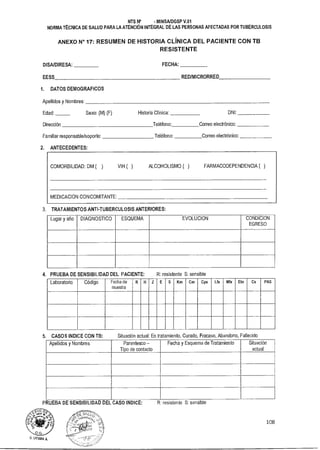R: resistente S: sensible
108
PRUEBA DE SENSIBILIDAD DEL CASO INDICE:
U. LITUMA A.
NTS N° - MINSNDGSP V.01
NORMA TÉCNICA DE SALUD PARA LA ATENCIÓN INTEGRAL DE LAS PERSONAS AFECTADAS POR TUBERCULOSIS
ANEXO N° 17: RESUMEN DE HISTORIA CLÍNICA DEL PACIENTE CON TB
RESISTENTE
DISAIDIRESA: FECHA:
EESS REDIMICRORRED
1. DATOS DEMOGRAFICOS
Apellidos y Nombres:
Edad: Sexo: (M) (F) Historia Clínica: DNI:
Dirección Teléfono: Correo electrónico:
Familiar responsable/soporte: Teléfono: Correo electrónico:
2. ANTECEDENTES:
COMORBILIDAD: DM ( ) VIH ( ) ALCOHOLISMO ( ) FARMACODEPENDENCIA ( )
MEDICACION CONCOMITANTE:
3. TRATAMIENTOS ANTI-TUBERCULOSIS ANTERIORES:
Lugar y año DIAGNOSTICO ESQUEMA EVOLUCION CONDICION
EGRESO
4. PRUEBA DE SENSIBILIDAD DEL PACIENTE: R: resistente S: sensible
Laboratorio Código Fecha de
muestra
R H Z E S Km Cm Cpx Lfx Mfx Eto Cs PAS
5. CASOS INDICE CON TB: Situacion actual: En tratamiento, Curado Fracaso, Abandono, Fallecido
Apellidos y Nombres Parentesco —
Tipo de contacto
Fecha y Esquema de Tratamiento Situación
actual
 