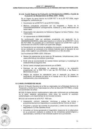 NTS N° 10t1 MINSA1DGSP V.01
NORMA TÉCNICA DE SALUD PARA LA ATENCIÓN INTEGRAL DE LAS PERSONAS AFECTADAS POR TUBERCULOSIS
6.1.2.4. Comité Regional de Evaluación de Retratamientos (CRER) o Comité de
Evaluación de Retratamiento de DISAs (CER — DISA):
Es un órgano de apoyo técnico de la ESR PCT o de la ES PCT-DISA, según
corresponda, conformado por:
• Coordinador de la ESR PCT o de la ES PCT-DISAs.
• Médicos consultores propuestos por los Hospitales y Redes de la
DISA/DIRESA/GERESA correspondiente, EsSALUD y otras instituciones del
sector salud.
• Responsable del Laboratorio de Referencia Regional de Salud Pública — Área
Tuberculosis.
• Un representante de DEMID/DIREMID.
Su conformación debe ser aprobada anualmente con resolución de la
DISA/DIRESA/GERESA y debe estar basada en el informe de la ESR PCT o de la
ES PCT-DISA. Es presidido por el coordinador regional de la ESR PCT o por el
Coordinador de la ES PCT-DISA o por quien éste delegue.
La frecuencia de sus reuniones se establece de acuerdo a la demanda de casos,
de ser necesario se convocará a los médicos tratantes para la discusión de sus
casos. Debe registrar sus actividades y resultados en un libro de actas.
Las funciones del CRER / CER - DISA son:
• Revisar los expedientes de los casos de TB resistente, complicaciones y otros
casos referidos por los médicos consultores.
• Emitir acta de recomendación de manejo médico quirúrgico y la posología de
medicamentos de segunda línea.
• Derivar casos complejos para evaluación por el CNER.
• Participar de las actividades de asistencia técnica y de evaluación
programadas por la ESR PCT o por las ES PCT-DISA a las Redes o
Microrredes de salud.
• Integrar los equipos de capacitación para el desarrollo de planes de
capacitación del personal de salud en el manejo de la TB y TB resistente a
medicamentos y sus complicaciones.
6.1.3 NIVEL EN REDES DE SALUD
6.1.3.1. El Director Ejecutivo de la Red es responsable de la Estrategia Sanitaria de
Prevención y Control de la Tuberculosis de la Red de Salud (ES PCT-RED), a través
del Coordinador de la Red.
6.1.3.2. El Equipo técnico multidisciplinario debe estar conformado por profesionales
de la salud, asistente administrativo, entre otros, de acuerdo al escenario
epidemiológico y a la disponibilidad de los recursos humanos.
6.1.3.3. Las funciones de la ES PCT - RED son:
• Implementar, conducir, supervisar, monitorear y evaluar las normas y
procedimientos técnicos dispuestos en la presente Norma Técnica de Salud.
• Programar y ejecutar las acciones de prevención y control de las tuberculosis
dispuestas en su Plan Operativo Anual.
• Consolidar en forma permanente el diagnóstico situacional de la tuberculosis
en su jurisdicción mediante el análisis de los indicadores epidemiológicos y
operacionales y remitirla al nivel inmediato superior de su jurisdicción.
11
 