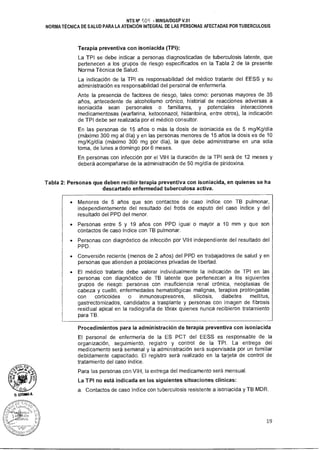 NTS N° 90 - MINSA/DGSP V.01
NORMA TÉCNICA DE SALUD PARA LA ATENCIÓN INTEGRAL DE LAS PERSONAS AFECTADAS POR TUBERCULOSIS
Terapia preventiva con isoniacida (TPI):
La TPI se debe indicar a personas diagnosticadas de tuberculosis latente, que
pertenecen a los grupos de riesgo especificados en la Tabla 2 de la presente
Norma Técnica de Salud.
La indicación de la TPI es responsabilidad del médico tratante del EESS y su
administración es responsabilidad del personal de enfermería.
Ante la presencia de factores de riesgo, tales como: personas mayores de 35
años, antecedente de alcoholismo crónico, historial de reacciones adversas a
isoniacida sean personales o familiares, y potenciales interacciones
medicamentosas (warfarina, ketoconazol, hidantoina, entre otros), la indicación
de TPI debe ser realizada por el médico consultor.
En las personas de 15 años o más la dosis de isoniacida es de 5 mg/Kg/día
(máximo 300 mg al día) y en las personas menores de 15 años la dosis es de 10
mg/Kg/día (máximo 300 mg por día), la que debe administrarse en una sola
toma, de lunes a domingo por 6 meses.
En personas con infección por el VIH la duración de la TPI será de 12 meses y
deberá acompañarse de la administración de 50 mg/día de piridoxina.
Tabla 2: Personas que deben recibir terapia preventiva con isoniacida, en quienes se ha
descartado enfermedad tuberculosa activa.
• Menores de 5 años que son contactos de caso índice con TB pulmonar,
independientemente del resultado del frotis de esputo del caso índice y del
resultado del PPD del menor.
• Personas entre 5 y 19 años con PPD igual o mayor a 10 mm y que son
contactos de caso índice con TB pulmonar.
• Personas con diagnóstico de infección por VIH independiente del resultado del
PPD.
• Conversión reciente (menos de 2 años) del PPD en trabajadores de salud y en
personas que atienden a poblaciones privadas de libertad.
• El médico tratante debe valorar individualmente la indicación de TPI en las
personas con diagnóstico de TB latente que pertenezcan a los siguientes
grupos de riesgo: personas con insuficiencia renal crónica, neoplasias de
cabeza y cuello, enfermedades hematológicas malignas, terapias prolongadas
con corticoides o inmunosupresores, silicosis, diabetes mellitus,
gastrectomizados, candidatos a trasplante y personas con imagen de fibrosis
residual apical en la radiografía de tórax quienes nunca recibieron tratamiento
para TB.
Procedimientos para la administración de terapia preventiva con isoniacida
El personal de enfermería de la ES PCT del EESS es responsable de la
organización, seguimiento, registro y control de la TPI. La entrega del
medicamento será semanal y la administración será supervisada por un familiar
debidamente capacitado. El registro será realizado en la tarjeta de control de
tratamiento del caso índice.
Para las personas con VIH, la entrega del medicamento será mensual.
C
'9 . ..0 La TPI no está indicada en las siguientes situaciones clínicas:
DISMAAA.
a. Contactos de caso índice con tuberculosis resistente a isoniacida y TB MDR.
19
 