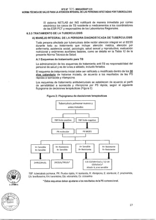 O. UTUMA A.
v
1
l2 GUIZA.D0
12HRE2/4H3R3 2REZLfx/7RELfx*
H= Sensible
R= Sensible
TBP frotis positivo TBP frotis negativo
PR molecular PR MODS
6-8 EZLfxKmEtoCs / 12-18
EZLfxEtoCs*
Añadir H, si es sensible
H= Resistente
R= Sensible
H= Sensible
R= Resistente
H= Resistente
R= Resistente
Tuberculosis pulmonar nuevos y
antes tratados
NTS N° 1011 - MINSAIDGSP V.01
NORMA TÉCNICA DE SALUD PARA LA ATENCIÓN INTEGRAL DE LAS PERSONAS AFECTADAS POR TUBERCULOSIS
El sistema NETLAB del INS notificará de manera inmediata por correo
electrónico los casos de TB resistente a medicamentos a los coordinadores
de las ESR PCT y responsables de los Laboratorios Regionales.
6.3.3 TRATAMIENTO DE LA TUBERCULOSIS
A) MANEJO INTEGRAL DE LA PERSONA DIAGNOSTICADA DE TUBERCULOSIS
Toda persona afectada por tuberculosis debe recibir atención integral en el EESS
durante todo su tratamiento que incluye: atención médica, atención por
enfermería, asistencia social, psicología, salud sexual y reproductiva, evaluación
nutricional y exámenes auxiliares basales, como se detalla en la Tabla 12 de la
presente Norma Técnica de Salud.
A.1 Esquemas de tratamiento para TB
La administración de los esquemas de tratamiento anti-TB es responsabilidad del
personal de salud y es de lunes a sábado, incluido feriados.
El esquema de tratamiento inicial debe ser ratificado o modificado dentro de los 30
días calendario de haberse iniciado, de acuerdo a los resultados de las PS
rápidas a isoniacida y rifampicina.
Los esquemas de tratamiento antituberculosis se establecen de acuerdo al perfil
de sensibilidad a isoniacida y rifampicina por PS rápida, según el siguiente
flujograma de decisiones terapéuticas (Figura 2):
Figura 2: Flujog rama de decisiones terapéuticas
TBP: tuberculosis pulmonar, PR: Prueba rápida, H: isoniacida, R: rifampicina, E: etambutol, Z: pirazinamida,
Lfx: levofloxacina, Km: kanamicina, Eto: etionamida, Cs: cicloserina
*Estos esquemas deben ajustarse a los resultados de la PS convencional.
27
 