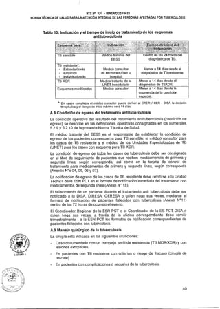 o. LITUMA A.
NTS N° 10t - MINSAIDGSP V.01
NORMA TÉCNICA DE SALUD PARA LA ATENCIÓN INTEGRAL DE LAS PERSONAS AFECTADAS POR TUBERCULOSIS
Tabla 13: Indicación y el tiempo de inicio de tratamiento de los esquemas
antituberculosis
.. .
Esquema ara:"' 1 E„ Indicacton Tiempodetractodel2
trataniie
TB sensible Médico tratante del
EESS
Dentro de las 24 horas del
diagnóstico de TB.
TB resistente*:
- Estandarizado
- Empírico
- Individualizado
Médico consultor
de Microrred /Red u
hospital
Menor a 14 días desde el
diagnóstico de TB resistente.
TB XDR Médico tratante de la
UNET hospitalario
Menor a 14 días desde el
diagnóstico de TBXDR.
Esquemas modificados Médico consultor Menor a 14 días desde la
ocurrencia de la condición
especial.
* En casos complejos el médico consultor puede derivar al CRER / CER - DISA la decisión
terapéutica y el tiempo de inicio máximo será 14 días
A.8 Condición de egreso del tratamiento antituberculosis
La condición operativa del resultado del tratamiento antituberculosis (condición de
egreso) se describe en las definiciones operativas consignadas en los numerales
5.2.9 y 5.2.10 de la presente Norma Técnica de Salud.
El médico tratante del EESS es el responsable de establecer la condición de
egreso de los pacientes con esquema para TB sensible; el médico consultor para
los casos de TB resistente y el médico de los Unidades Especializadas de TB
(UNET) para los casos con esquema para TB XDR.
La condición de egreso de todos los casos de tuberculosis debe ser consignada
en el libro de seguimiento de pacientes que reciben medicamentos de primera y
segunda línea, según corresponda, así como en la tarjeta de control de
tratamiento para medicamentos de primera y segunda línea, según corresponda
(Anexos N°s 04, 05, 06 y 07).
La notificación de egreso de los casos de TB resistente debe remitirse a la Unidad
Técnica de la ESN PCT en el formato de notificación inmediata del tratamiento con
medicamentos de segunda línea (Anexo N° 18).
El fallecimiento de un paciente durante el tratamiento anti tuberculosis debe ser
notificado a la DISA, DIRESA, GERESA o quien haga sus veces, mediante el
formato de notificación de pacientes fallecidos con tuberculosis (Anexo N°11)
dentro de las 72 horas de ocurrido el evento.
El Coordinador Regional de la ESR PCT o el Coordinador de la ES PCT-DISA o
quien haga sus veces, a través de la oficina correspondiente debe remitir
trimestralmente a la ESN PCT los formatos de notificación correspondientes de
pacientes fallecidos con tuberculosis.
A.9 Manejo quirúrgico de la tuberculosis
La cirugía está indicada en las siguientes situaciones:
- Caso documentado con un complejo perfil de resistencia (TB MDR/XDR) y con
lesiones extirpables.
- En pacientes con TB resistente con criterios o riesgo de fracaso (cirugía de
rescate).
- En pacientes con complicaciones o secuelas de la tuberculosis.
40
 