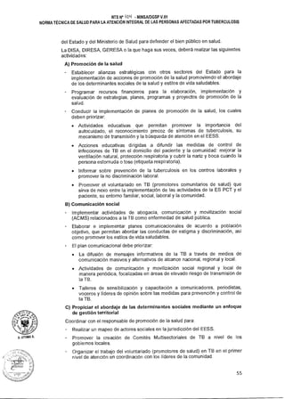D, L1TUMA A.
NTS N° 10e1 - MINSAIDGSP V.01
NORMA TÉCNICA DE SALUD PARA LA ATENCIÓN INTEGRAL DE LAS PERSONAS AFECTADAS POR TUBERCULOSIS
del Estado y del Ministerio de Salud para defender el bien público en salud.
La DISA, DIRESA, GERESA o la que haga sus veces, deberá realizar las siguientes
actividades:
A) Promoción de la salud
Establecer alianzas estratégicas con otros sectores del Estado para la
implementación de acciones de promoción de la salud promoviendo el abordaje
de los determinantes sociales de la salud y estilos de vida saludables.
Programar recursos financieros para la elaboración, implementación y
evaluación de estrategias, planes, programas y proyectos de promoción de la
salud.
Conducir la implementación de planes de promoción de la salud, los cuales
deben priorizar:
• Actividades educativas que permitan promover la importancia del
autocuidado, el reconocimiento precoz de síntomas de tuberculosis, su
mecanismo de transmisión y la búsqueda de atención en el EESS.
• Acciones educativas dirigidas a difundir las medidas de control de
infecciones de TB en el domicilio del paciente y la comunidad: mejorar la
ventilación natural, protección respiratoria y cubrir la nariz y boca cuando la
persona estornuda o tose (etiqueta respiratoria).
• Informar sobre prevención de la tuberculosis en los centros laborales y
promover la no discriminación laboral.
• Promover el voluntariado en TB (promotores comunitarios de salud) que
sirva de nexo entre la implementación de las actividades de la ES PCT y el
paciente, su entorno familiar, social, laboral y la comunidad.
B) Comunicación social
Implementar actividades de abogacía, comunicación y movilización social
(ACMS) relacionados a la TB como enfermedad de salud pública.
Elaborar e implementar planes comunicacionales de acuerdo a población
objetivo, que permitan abordar las conductas de estigma y discriminación, así
como promover los estilos de vida saludables.
El plan comunicacional debe priorizar:
• La difusión de mensajes informativos de la TB a través de medios de
comunicación masivos y alternativos de alcance nacional, regional y local.
• Actividades de comunicación y movilización social regional y local de
manera periódica, focalizadas en áreas de elevado riesgo de transmisión de
la TB.
• Talleres de sensibilización y capacitación a comunicadores, periodistas,
voceros y líderes de opinión sobre las medidas para prevención y control de
la TB.
C) Propiciar el abordaje de las determinantes sociales mediante un enfoque
de gestión territorial
Coordinar con el responsable de promoción de la salud para:
Realizar un mapeo de actores sociales en la jurisdicción del EESS.
- Promover la creación de Comités Multisectoriales de TB a nivel de los
gobiernos locales.
Organizar el trabajo del voluntariado (promotores de salud) en TB en el primer
nivel de atención en coordinación con los líderes de la comunidad.
55
 