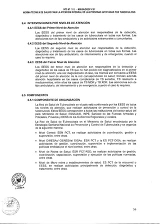 NTS N° 01! MINSA/DGSP V.01
NORMA TÉCNICA DE SALUD PARA LA ATENCIÓN INTEGRAL DE LAS PERSONAS AFECTADAS POR TUBERCULOSIS
6.4 INTERVENCIONES POR NIVELES DE ATENCIÓN
6.4.1 EESS del Primer Nivel de Atención
Los EESS del primer nivel de atención son responsables de la detección,
diagnóstico y tratamiento de los casos de tuberculosis en todas sus formas. Las
atenciones son de tipo ambulatorio y de actividades extramurales o comunitarias.
6.4.2 EESS del Segundo Nivel de Atención
Los EESS del segundo nivel de atención son responsables de la detección,
diagnóstico y tratamiento de los casos de tuberculosis en todas sus formas. Las
atenciones son de tipo ambulatorio, de internamiento y de emergencia, cuando el
caso lo requiera.
6.4.3 EESS del Tercer Nivel de Atención
Los EESS del tercer nivel de atención son responsables de la detección y
diagnóstico de los casos de TB que no han podido ser diagnosticados en el primer
nivel de atención; una vez diagnosticado el caso, los mismos son derivados al EESS
del primer nivel de atención de la red correspondiente de salud; brindan además
atención hospitalaria en los casos complicados de TB sensible, TB resistente a
medicamentos, entre ellos los casos de TB MDR y TB XDR. Las atenciones son de
tipo ambulatorio, de internamiento y de emergencia, cuando el caso lo requiera.
6.5 COMPONENTES
6.5.1 COMPONENTE DE ORGANIZACIÓN
La Red de Salud de Tuberculosis en el país está conformada por los EESS de todos
los niveles de atención, que realizan actividades de prevención y control de la
tuberculosis. Estos EESS corresponden a todos las instituciones del sector salud del
país: Ministerio de Salud; ESSALUD, INPE, Sanidad de las Fuerzas Armadas y
Policiales, Privados y EESS de los Gobiernos Regionales y Locales.
La Red de Salud de Tuberculosis en el Ministerio de Salud encabezada por la
Estrategia Sanitaria Nacional de Prevención y Control de Tuberculosis y se organiza
de la siguiente manera:
• Nivel Central: ESN PCT, se realizan actividades de coordinación, gestión y
supervisión, entre otras.
• Nivel DIRESAs/ GERESAs/ DISAs: ESR PCT y la ES PCT-DISA, se realizan
actividades de gestión, coordinación, supervisión e implementación de las
políticas emitidas por el nivel central, entre otras.
• Nivel de Redes de Salud: ESR PCT-RED, se realizan actividades de gestión,
coordinación, capacitación, supervisión y ejecución de las políticas normadas,
entre otras.
• Nivel de Micro redes y establecimientos de salud: ES PCT de la microrred o
EESS, se realizan actividades principalmente de detección, diagnóstico y
tratamiento, entre otras.
D. LITUMR
56
 