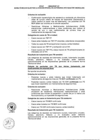 U. UTUMA A.
NTS N° - MINSAIDGSP V.01
NORMA TÉCNICA DE SALUD PARA LA ATENCIÓN INTEGRAL DE LAS PERSONAS AFECTADAS POR TUBERCULOSIS
Criterios de exclusión:
- Confirmación bacteriológica de resistencia a isoniacida y/o rifampicina
antes de cumplir criterio de fracaso de tratamiento (baciloscopía o
cultivo positivo al cuarto mes de tratamiento). Los pacientes con TB
MDR deben ser incluidos en la cohorte respectiva.
Reacciones Adversas a Medicamentos Antituberculosis (RAM),
interacciones medicamentosas u otras condiciones que motiven el
cambio de uno o más medicamentos de primera línea por
medicamentos de segunda línea.
Categorías de casos de TB a evaluar:
- Casos nuevos con TBP FP
- Casos antes tratados con TBP FP (recaídas y abandonos recuperados)
- Todos los casos de TB extrapulmonar (nuevos y antes tratados)
- Casos nuevos con TBP FP y coinfección con el VIH
- Casos nuevos con TBP FN y casos nuevos de TB extrapulmonares co-
infectados con el VIH.
Resultado del tratamiento para TB sensible:
Las categorías de resultado de tratamiento (curado, tratamiento completo,
fracaso, abandono, fallecido y no evaluado) están definidos
operacionalmente en las disposiciones generales de la presente Norma
Técnica de Salud.
Cohorte de pacientes con TB que inician tratamiento con
medicamentos de segunda línea
Se reportan anualmente.
Criterios de inclusión:
- Pacientes nuevos y antes tratados que inician tratamiento con
medicamentos de segunda línea por TB MDR confirmada con PS.
- Pacientes nuevos y antes tratados con TB XDR confirmada con PS
que inician tratamiento con medicamentos de segunda línea.
Criterios de exclusión:
- Reacciones Adversas a Medicamentos Antituberculosis (RAM),
ampliación de resistencia, interacciones medicamentosas u otras
condiciones que motiven la suspensión o cambio de por lo menos una
fluoroquinolona y un inyectable de segunda línea.
Categorías de casos en tratamiento para TB resistente:
- Casos nuevos con TB MDR confirmada
- Casos antes tratados con TB MDR confirmada
- Casos con TB XDR confirmada (nuevos y antes tratados)
Resultado del tratamiento para TB resistente:
Las categorías de resultado de tratamiento (curado, tratamiento completo,
fracaso, abandono, fallecido y no evaluado) están definidos
operacionalmente en las disposiciones generales de la presente Norma
Técnica de Salud.
63
 