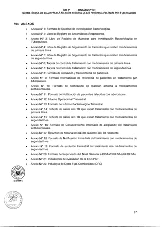 NTS N° - MINSAIDGSP V.01
NORMA TÉCNICA DE SALUD PARA LA ATENCIÓN INTEGRAL DE LAS PERSONAS AFECTADAS POR TUBERCULOSIS
VIII. ANEXOS
• Anexo N° 1: Formato de Solicitud de Investigación Bacteriológica.
• Anexo N° 2: Libro de Registro de Sintomáticos Respiratorios.
• Anexo N° 3: Libro de Registro de Muestras para Investigación Bacteriológica en
Tuberculosis.
• Anexo N° 4: Libro de Registro de Seguimiento de Pacientes que reciben medicamentos
de primera línea.
• Anexo N° 5: Libro de Registro de Seguimiento de Pacientes que reciben medicamentos
de segunda línea.
• Anexo N° 6: Tarjeta de control de tratamiento con medicamentos de primera línea.
• Anexo N° 7: Tarjeta de control de tratamiento con medicamentos de segunda línea.
• Anexo N° 8: Formato de derivación y transferencia de pacientes.
• Anexo N° 9: Formato Internacional de referencia de pacientes en tratamiento por
tuberculosis.
• Anexo N° 10: Formato de notificación de reacción adversa a medicamentos
antituberculosis.
• Anexo N° 11: Formato de Notificación de pacientes fallecidos con tuberculosis.
• Anexo N° 12: Informe Operacional Trimestral.
• Anexo N° 13: Formato de Informe Bacteriológico Trimestral.
• Anexo N° 14: Cohorte de casos con TB que inician tratamiento con medicamentos de
primera línea.
• Anexo N° 15: Cohorte de casos con TB que inician tratamiento con medicamentos de
segunda línea.
• Anexo N° 16: Formato de Consentimiento Informado de aceptación del tratamiento
antituberculosis.
• Anexo N° 17: Resumen de historia clínica del paciente con TB resistente.
• Anexo N° 18: Formato de Notificación Inmediata del tratamiento con medicamentos de
segunda línea.
• Anexo N° 19: Formato de evolución trimestral del tratamiento con medicamentos de
segunda línea.
• Anexo N° 20: Formato de Supervisión del Nivel Nacional a DISAs/DIRESAs/GERESAs.
• Anexo N° 21: Indicadores de evaluación de la ESN PCT.
• Anexo N° 22: Posología de Dosis Fijas Combinadas (DFC).
D. LITUMA A.
67
 