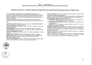 NTS N° • MINSAIDGSP V.01
NORMA TÉCNICA DE SALUD PARA LA ATENCIÓN INTEGRAL DE LAS PERSONAS AFECTADAS POR TUBERCULOSIS
INSTRUCTIVO ANEXO N° 3: LIBRO DE REGISTRO DE MUESTRAS PARA INVESTIGACION BACTERIOLOGICA EN TUBERCULOSIS
El Libro de Registro de Muestras para la Investigación Bacteriológica es el
instrumento de información oficial del Instituto Nacional de Salud y de la Estrategia
Sanitaria nacional de Prevención y Control de la Tuberculosis (ESN PCT) tiene
carácter confidencial, por lo que debe ser adecuadamente conservado (forrado con
plástico transparente).
Sirve para realizar el consolidado nacional trimestral semestral y anual de la
producción de pruebas de laboratorio para el diagnóstico de tuberculosis en todo el
país.
DIRECCION, RED DE SALUD: Anotar el nombre dela DISA/DIRESA/GERESA Y
Red de Salud donde se ubica el laboratorio
ESTABLECIMIENTO DE SALUD: Anotar el EESS o Institución donde está
ubicado el laboratorio.
RESPONSABLE: Anotar el nombre del responsable del laboratorio notificante.
N° DE REGISTRO: Anotar el número de registro de cada muestra en forma
correlativa del laboratorio notificante.
FECHA DE RECEPCION: Anotar día, mes y año cuando el laboratorio recibe la
muestra
APELLIDOS Y NOMBRES: Anotar con letra legible los nombres y apellidos
SEXO Y EDAD: Anotar la edad en años en la columna del sexo correspondiente.
HISTORIA CLINICA: Anotar el número de historia clínica o ficha familiar.
DNI: Anotar el número de DM
EESS DE PROCEDENCIA: Anotar el EESS de donde procede la muestra, puede
ser una unidad tomadora de muestra o de otros laboratorios locales.
TIPO DE MUESTRA: Anotar si es esputo, aspirado gástrico, ganglio, pleura,
liquido pleural, líquido céfalo-raquídeo, etc.
CALIDAD Y CANTIDAD DE MUESTRA: Anotar la evaluación macroscópica de la
muestra: muco-purulenta, purulenta, hemoptoica, salival, etc. y la cantidad en ml.
BACILOSCOPIA: Registrar en el tipo de baciloscopía:
• SINTOMÁTICO RESPIRATORIO: Anotar N° de muestra 1 y 2 y resultado: (-),
(+). (++), (+++). Anotar el resultado positivo con color rojo.
• SEGUIMIENTO DIAGNOSTICO: Anotar N° de muestra 3 al 8 y resultado como
en el caso anterior.
• CONTROL: Control de tratamiento, anotar N° de mes de control 1, 2, 3...24 y el
resultado como en el caso anterior.
PRUEBA DE SENSIBILIDAD RAPIDA: Anotar la fecha de envío para prueba de
sensibilidad rápida a isoniacida y rifampicina, la fecha de resultado, el método de
la prueba de sensibilidad rápida y el resultado R (resistente) y S (sensible) para
estos dos medicamentos.
CULTIVOS: Anotar fecha de siembra, fecha de lectura y resultado. Los resultados
positivos se escriben con color rojo.
OBSERVACIONES: Anotar datos importantes que no se registran previamente:
envío a prueba rápida, identificación de complejo M. tuberculosis, prueba
contaminada, cantidad de la muestra (muestra insuficiente), entre otros.
U. tITUMA A.
74
 