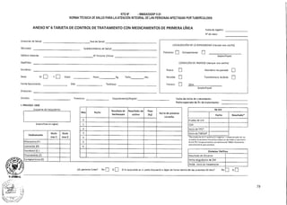 CONDICIÓN DE INGRESO (marque una casilla)
Abandono recuperado
Transferencia recibida
Nuevo
Recaída
Red de Salud:
Establecimiento de Salud:
N° Historia Clínica:
I I Peso:F E Edad: mts.Kg. Talla:
DNI: Teléfono:
Provincia: Departa me n to/ Regi ón: Fecha de inicio de tratamiento:
Fecha esperada de fin de tratamiento:
Dirección de Salud:
Microred:
Médico tratante:
Apellidos:
Nombres:
Sexo:
Fecha Nacimiento:
Dirección:
Distrito:
LOCALIZACIÓN DE LA ENFERMEDAD (marque una casilla)
Pulmonar u Extrapulmonar u (especifique)
Fracaso u Otra:
(especifique)
I. PRIMERA FASE
Esquema de tratamiento
(especificar en siglas)
NTS N° • MINSAIDGSP V.01
NORMA TÉCNICA DE SALUD PARA LA ATENCIÓN INTEGRAL DE LAS PERSONAS AFECTADAS POR TUBERCULOSIS
ANEXO N° 6 TARJETA DE CONTROL DE TRATAMIENTO CON MEDICAMENTOS DE PRIMERA LÍNEA Fecha de registro:
N° de caso:
Rifampicina (R )
Isoniaclda (H)
Eta mbutol (E )
Pirazinamida (Z)
Estreptomicina (S)
Medicamento
Dosis
mes 1
Dosis
mes 2
Mes Fecha
Resultado de
baciloscopía
Resultado de
cultivo
Peso
(kg)
Fecha de próxima
consulta
O
1
2
3
4
5
6
¿El paciente fuma? No E Si u Si la respuesta es si ¿esta dispuesto a dejar de fumar dentro
TB-VIH
Fecha Resultado*
Prueba de VIH
CD4
Inicio de TPC*
Inicio de TARGA*
• Resultados de VIH: P =positivo; NI = negativo; 1 = indeterminado; NID. no
se realizó; los pacientes VIH positivos deben ser derivados al consultorio
de VIH; TPC= terapia prev ntiva con cotrimoxazol; TARGA tratamie nto
antirretroviral de gran ac luida d.
Diabetes Mellitus
Resultado de Glicemia
Fecha diagnóstico de DM
Fecha inicio de tratamiento
de los proximos 30 dias? No Si
79
 