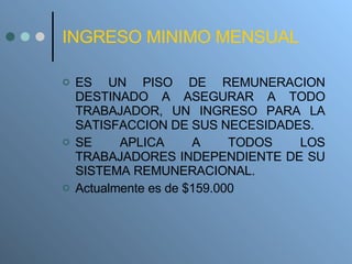 INGRESO MINIMO MENSUAL ES UN PISO DE REMUNERACION DESTINADO A ASEGURAR A TODO TRABAJADOR, UN INGRESO PARA LA SATISFACCION DE SUS NECESIDADES. SE APLICA A TODOS LOS TRABAJADORES INDEPENDIENTE DE SU SISTEMA REMUNERACIONAL. Actualmente es de $159.000 
