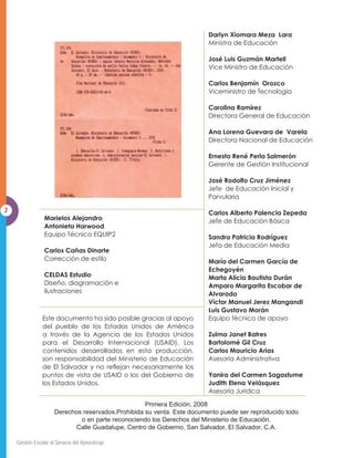Darlyn Xiomara Meza Lara
                                                                         Ministra de Educación

                                                                         José Luis Guzmán Martell
                                                                         Vice Ministro de Educación

                                                                         Carlos Benjamín Orozco
                                                                         Viceministro de Tecnología

                                                                         Carolina Ramírez
                                                                         Directora General de Educación

                                                                         Ana Lorena Guevara de Varela
                                                                         Directora Nacional de Educación

                                                                         Ernesto René Perla Salmerón
                                                                         Gerente de Gestión Institucional

                                                                         José Rodolfo Cruz Jiménez
                                                                         Jefe de Educación Inicial y
                                                                         Parvularia

2                                                                        Carlos Alberto Palencia Zepeda
                 Marielos Alejandro                                      Jefe de Educación Básica
                 Antonieta Harwood
                 Equipo Técnico EQUIP2                                   Sandra Patricia Rodríguez
                                                                         Jefa de Educación Media
                 Carlos Cañas Dinarte
                 Corrección de estilo                                    María del Carmen García de
                                                                         Echegoyén
                 CELDAS Estudio                                          Marta Alicia Bautista Durán
                 Diseño, diagramación e                                  Amparo Margarita Escobar de
                 ilustraciones                                           Alvarado
                                                                         Víctor Manuel Jerez Mangandi
                                                                         Luis Gustavo Morán
                Este documento ha sido posible gracias al apoyo          Equipo técnico de apoyo
                del pueblo de los Estados Unidos de América
                a través de la Agencia de los Estados Unidos             Zulma Janet Batres
                para el Desarrollo Internacional (USAID). Los            Bartolomé Gil Cruz
                contenidos desarrollados en esta producción,             Carlos Mauricio Arias
                son responsabilidad del Ministerio de Educación          Asesoría Administrativa
                GH (O 6DOYDGRU  QR UHÁHMDQ QHFHVDULDPHQWH ORV
                puntos de vista de USAID o los del Gobierno de           Yanira del Carmen Sagastume
                los Estados Unidos.                                      Judith Elena Velásquez
                                                                         Asesoría Jurídica

                                                    Primera Edición, 2008
                      Derechos reservados.Prohibida su venta. Este documento puede ser reproducido todo
                              o en parte reconociendo los Derechos del Ministerio de Educación.
                            Calle Guadalupe, Centro de Gobierno, San Salvador, El Salvador, C.A.

    Gestión Escolar al Servicio del Aprendizaje
 