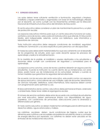 7.     Implementar estrategias de desarrollo profesional docente y técnico.

                            8.     Orientar el ambiente pedagógico del área de su competencia.

                            9.     Gestionar recursos y materiales para el desarrollo curricular del área a su
                                   cargo.

                            10. Participar colaborativamente en el planeamiento institucional (diseño del
                                3URHFWR (GXFDWLYR ,QVWLWXFLRQDO  GHO 3ODQ (VFRODU $QXDO 