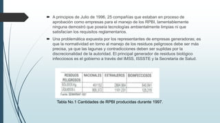  A principios de Julio de 1996, 25 compañías que estaban en proceso de
aprobación como empresas para el manejo de los RPBI, lamentablemente
ninguna demostró que poseía tecnologías ambientalmente limpias ni que
satisfacían los requisitos reglamentarios.
 Una problemática expuesta por los representantes de empresas generadoras; es
que la normatividad en torno al manejo de los residuos peligrosos debe ser más
precisa, ya que las lagunas y contradicciones deben ser suplidas por la
discrecionalidad de la autoridad. El principal generador de residuos biológico
infecciosos es el gobierno a través del IMSS, ISSSTE y la Secretaria de Salud.
Tabla No.1 Cantidades de RPBI producidas durante 1997.
 