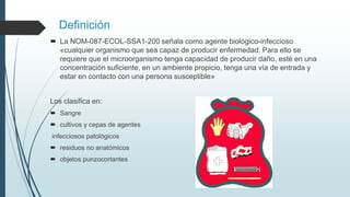 Definición
 La NOM-087-ECOL-SSA1-200 señala como agente biológico-infeccioso
«cualquier organismo que sea capaz de producir enfermedad. Para ello se
requiere que el microorganismo tenga capacidad de producir daño, esté en una
concentración suficiente, en un ambiente propicio, tenga una vía de entrada y
estar en contacto con una persona susceptible»
Los clasifica en:
 Sangre
 cultivos y cepas de agentes
infecciosos patológicos
 residuos no anatómicos
 objetos punzocortantes
 