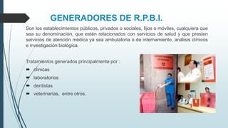 GENERADORES DE R.P.B.I.
Son los establecimientos públicos, privados o sociales, fijos o móviles, cualquiera que
sea su denominación, que estén relacionados con servicios de salud y que presten
servicios de atención médica ya sea ambulatoria o de internamiento, análisis clínicos
e investigación biológica.
Tratamientos generados principalmente por :
 clínicas
 laboratorios
 dentistas
 veterinarias, entre otros.
 