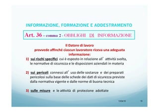 13/04/15 15
Il	
  Datore	
  di	
  lavoro	
  
provvede	
  aﬃnché	
  ciascun	
  lavoratore	
  riceva	
  una	
  adeguata	
  
informazione:	
  
1)	
  	
  sui	
  rischi	
  speciﬁci	
  	
  cui	
  è	
  esposto	
  in	
  relazione	
  all’	
  a9vità	
  svolta,	
  	
  	
  
	
  	
  	
  	
  	
  le	
  normaBve	
  di	
  sicurezza	
  e	
  le	
  disposizioni	
  aziendali	
  in	
  materia	
  
	
  
2)	
  	
  sui	
  	
  pericoli	
  	
  connessi	
  all’	
  uso	
  delle	
  sostanze	
  	
  e	
  	
  dei	
  preparaB	
  	
  	
  	
  	
  	
  
	
  	
  	
  	
  	
  pericolosi	
  sulla	
  base	
  delle	
  schede	
  dei	
  daB	
  di	
  sicurezza	
  previste	
  	
  	
  
	
  	
  	
  	
  	
  dalla	
  normaBva	
  vigente	
  e	
  dalle	
  norme	
  di	
  buona	
  tecnica	
  	
  
	
  
3)	
  	
  sulle	
  	
  misure	
  	
  	
  e	
  	
  le	
  a9vità	
  	
  di	
  	
  protezione	
  	
  ado<ate	
  
INFORMAZIONE, FORMAZIONE E ADDESTRAMENTO
 