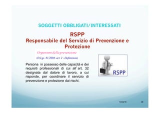 13/04/15 26
Persona in possesso delle capacità e dei
requisiti professionali di cui all’art. 32
designata dal datore di lavoro, a cui
risponde, per coordinare il servizio di
prevenzione e protezione dai rischi.
SOGGETTI OBBLIGATI/INTERESSATI
 