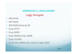 13/04/15 5
—  DPR 547/55
—  DPR 164/56
—  DPR 303/56 (tranne art. 64)
—  D.Lgs. 277/91
—  D.Lgs. 626/94
—  D.Lgs. 493/96 e D.Lgs. 494/96
—  D.Lgs. 187/2005
—  Art. 36 –bis L.248/06 e Artt. 2,3,5,6 e 7 Legge 123/07
Leggi Abrogate
NORMATIVA E LEGISLAZIONE
 