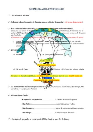 NORMATIVA DEL CAMPEONATO   Ser miembro del club. Solo son validos los vuelos de fines de semana y fiestas de guardar. (No sirven fiestas locales) Los vuelos de ladera dinámica se les aplicara un coeficiente reductor del 50%.  Para que sea válido el vuelo en ladera dinámica hay que estar un mínimo de 30 minutos, que al quitar el 50% quedarían en 15 puntos, que es más o menos los que sacas con un vuelo de descenso de Cotobello.  (Tratando de evitar que un piloto que despegue y aterrice cada cinco minutos sume un excesivo número de vuelos) Zonas  con coeficiente: Peñarubia, Colina, Polio, Xago, Torimbia estas son las más nombradas y cualquier otra próxima al mar o montaña donde el vuelo sea exclusivamente dinámico. PUNTUACIONES Vuelo.............................................Un Punto por minuto volado Vuelas una hora Consigues 60 Puntacos Te vas de Cross.......................Cinco Puntos por Kilómetro + Un Punto por minuto volado Aterrizas en Felechosa (10 Km.) son 50 puntacos  y  el vuelo duro 1 hora Son 60 puntacos. Consigues 50+60 = 110 Puntacos Se mantienen las mismas clasificaciones Campeón por puntacos, Mas Volaor, Mas Llargu, Mas duraderu y  Clasificación Fémina. Puntuaciones Finales  Campeón-a Por puntacos.............................La Suma de todos los puntos. Mas Volaor....................................................Mayor número de vuelos. Mas Duraderu...............................................Vuelo de mayor duración en minutos. Mas Llargu...................................................Vuelo de mayor distancia.  Los datos de los vuelos se enviaran vía SMS o Email al secre Sr. D. Tomas Tfno.: 620554547              Email:  (tomajoa_22@ yahoo.es) Antes del FIN DE SEMANA posterior al vuelo, tienes 5 días para comunicarlo o callarlo para siempre. Sanciones:La confianza en el grupo respecto a la veracidad de los datos enviados es total pero en caso de falsedad la pena sería de 3 años y un día a 10 años de cárcel y en caso de reincidencia te quemaremos el parapente en la plaza del pueblo públicamente.  
El campeonato 2010 dará comienzo el primer fin de semana que se pueda volar.
 