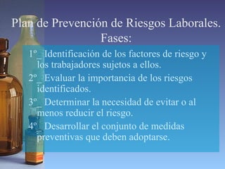 Plan de Prevención de Riesgos Laborales.
Fases:
1º_ Identificación de los factores de riesgo y
los trabajadores sujetos a ellos.
2º_ Evaluar la importancia de los riesgos
identificados.
3º_ Determinar la necesidad de evitar o al
menos reducir el riesgo.
4º_ Desarrollar el conjunto de medidas
preventivas que deben adoptarse.
 
