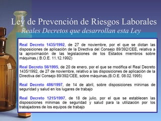 Ley de Prevención de Riesgos Laborales
Reales Decretos que desarrollan esta Ley
 
