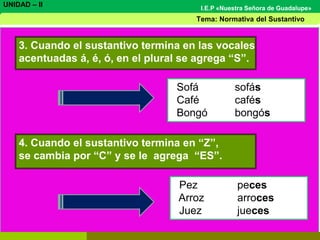 3. Cuando el sustantivo termina en las vocales
acentuadas á, é, ó, en el plural se agrega “S”.
Sofá sofás
Café cafés
Bongó bongós
Tema: El Sustantivo
UNIDAD – II I.E.P «Nuestra Señora de Guadalupe»
4. Cuando el sustantivo termina en “Z”,
se cambia por “C” y se le agrega “ES”.
Pez peces
Arroz arroces
Juez jueces
Tema: Normativa del Sustantivo
 