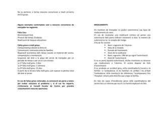 No es portaran a terme mesures correctores a nivell col·lectiu
(tot el grup).
Alguns exemples contemplats com a mesures correctores de
menjador les següents:
Falta Lleu:
Amonestació Oral.
Privació del temps d’esbarjo.
Realització de tasques educatives.
Faltes greus o molt greus:
Compareixença davant la direcció
Comunicació i entrevista amb les famílies.
Reparació econòmica dels danys causats al material del centre,
companys/es o monitors/es.
Suspensió del dret a la plaça del servei de menjador per un
període de temps o per tot el curs escolar;
La 1ª falta molt greu: 3 dies
La 2ª falta molt greu: 1 setmana
La 3ª falta molt greu: 15 dies
A partir de la tercera falta molt greu, pot suposar la pèrdua total
del dret al servei.
En cas de faltes greus reiterades, es convocarà als pares o tutors
per trobar solucions al problema i, si el cas ho requerís,
s'informaria al Consell Escolar de Centre per prendre
conjuntament mesures oportunes.
MEDICAMENTS
Els monitors de menjador no poden subministrar cap tipus de
medicaments als nens.
En cas de necessitar una medicació crònica cal portar una
autorització dels pares indicant clarament la dosi, la manera de
subministrar-la i la recepta del metge.
S’ha de fer constar:
Nom i cognoms de l’alumne
Data de la recepta
Durada del tractament
Dosis de la medicació
Nom, cognoms i DNI de qui signa l’autorització
Data de l’autorització.
Si no es porta aquesta autorització, els/les monitores no donaran
cap medicament a l’alumne. El centre disposa de fulls
d’autorització.
Si es produeix un accident greu, el/la coordinador/a trucarà a la
família i a l’ambulància. Si els familiars no arriben i ha arribat
l’ambulància, el/la monitor/a de referència, l’acompanyarà fins
l’hospital i estarà amb ell/a fins que vingui la família.
En tots els casos d’incidències greus el/la coordinador/a del
centre farà un informe per escrit a la família explicant els fets.
 