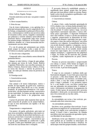 6.328         DIARIO OFICIAL DE GALICIA                                    No 91 L Venres, 11 de maio de 2001

                         ANEXO II                          É necesario destaca-la estabilidade psíquica e
                                                         equilibrada deste animal, propio dun can pastor,
             ESTÁNDAR RACIAL DO CAN DE PALLEIRO
                                                         polo que este trazo débese coidar en extremo, fomen-
  Orixe: Galicia. España. Europa.                        tando a selección de exemplares equilibrados e sufi-
  Función zootécnica ou da raza: can pastor e tamén      cientemente socializados.
de garda.                                                  2. Características rexionais.
  A. Breve resumo histórico.                               Cabeza.
  I. Orixe da raza.                                        A cabeza é forte, cunha lonxitude aproximada de
                                                         4/10 a alzada á cruz, en forma dunha pirámide hori-
  Can de tronco indoeuropeo, o seu agriotipo foi o       zontal, con óso denso, proporcionada coa conforma-
principal antepasado dos cans de campesiño de Cen-       ción do animal. O cranio é plano e largo, con arcos
tro Europa, acompañando os pobos precélticos atlán-      superciliares suavemente marcados e concas orbi-
ticos, centroeuropeos e nórdicos nas sucesivas ondas     tarias pouco apreciables. A depresión frontonasal
de invasións (celtas, suevos, visigodos e normandos)     non é moi evidente. O nariz e o fociño son medianos
que poboaron a vertente atlántica noroccidental da       e angostos, proporcionais ás dimensións da testa.
península ibérica; compartindo unha orixe común          Os beizos son normais e apertados (sen que o supe-
cos pastores belgas, holandeses, de Picardía, Castro     rior supere a base das enxivas inferiores), non teñen
Laboreiro, alemáns, etc. e foron mesturadas moi fre-     tendencia a ser colgantes. As mandíbulas son fortes,
cuentemente con este último.                             con arcada dentaria completa e ortognatos, coa tra-
  É o can de granxa por antonomasia que existiu          bada en tesoira. Os ollos son de mediano tamaño
desde sempre en Galicia; recibe o nome de Can            e de expresión vivaz, de cor variable, desde castaña
de Palleiro en alusión ó palleiro onde adoita durmir.    escura nas capas negras, ata a cor mel ou amarela;
                                                         nalgúns exemplares, a pigmentación das pálpebras
  II. Área de orixe e dispersión.
                                                         é negra. As orellas son de inserción alta, grandes
  Comprende toda a zona atlántica noroccidental da       e erguidas, cunha implantación un pouco aberta.
península ibérica.                                         Pescozo.
  Atópase en toda Galicia, ó longo do agro galego.         Presenta un pescozo musculoso e proporcionado
Hai animais por terras de Lalín, Dozón, Rodeiro          coa cabeza e o tronco. Debe formar un ángulo coa
e Agolada (Pontevedra), nos concellos ourensáns de       horizontal de 45º, a elevación é máis evidente co
Allariz, Celanova, Xinzo de Limia, A Merca, O Irixo,     can en acción. A pel non forma papada.
en terras dos Ancares e interior da provincia de
Lugo, así como por distintas zonas da provincia da         Tronco.
Coruña.                                                    O corpo no seu conxunto é mediano aínda que
  B. Prototipo racial.                                   lixeiramente alongado. A cruz é forte para a inserción
                                                         co pescozo; a liña dorso-lumbar debe ser lixeira-
  1. Características xerais.                             mente descendente, sen enselarse, con lombo curto,
  Aparencia xeral.                                       ancho e forte, a cruz dos cadrís é redondeada. O
                                                         peito é longo e profundo, o seu perímetro supera
  Este animal é de tronco indoeuropeo, rústico e         en ¼ a súa alzada á cruz, con fortes costelas que
fornido, de tipo lupoide, de perfil recto, eumétrico,    non son aplanadas nin pronunciadas. O abdome é
de tamaño medio, duns 60-62 cm á cruz; mesodo-           curto e lixeiramente ascendente ós pregamentos do
licomorfo, de proporcións harmónicas e de consti-        ventre. O rabo é groso, de nacemento alto e presenta
tución forte, con ósos bastante anchos, característica   abundante e denso pelo, en movemento elévao pero
da súa rusticidade. As femias son algo máis baixas,      non o leva enroscado na cruz dos cadrís.
de aspecto máis lixeiro e de proporcións máis
lonxilíneas.                                               Extremidades.
  A pesar de presentar unha osamenta forte non dá          As extremidades son rectas e ben verticais, pre-
unha sensación de pesadez ou de animal linfático,        sentando unha forte estructura ósea.
xa que os seus movementos son rápidos e de boa             -As extremidades anteriores.
musculación.
                                                           Son fortes, secas, paralelas e ben verticais. A escá-
  Temperamento e comportamento.                          pula forma un ángulo de 45º coa horizontal, uníndose
  Can pastor e de garda, polivalente, pois tanto vai     co brazo en ángulo recto (articulación escápulo-u-
coas vacas arreándoas e gardándoas como tamén coi-       meral). O brazo é forte e musculoso. Os cóbados
da da casa. Gardián de proverbial intelixencia, pre-     non deben estar moi separados nin apertados ó peito,
senta un carácter forte e reservado cos estraños, sen-   con liberdade de movementos.
do ademais valente e trabador, características que         Antebrazos rectos que diminúen o seu grosor de
o fan un gran colaborador na conducción e garda          xeito gradual ata as cuartillas ou metacarpos. Os
do gando. Cunha gran fidelidade para co seu amo,         carpos son de bo desenvolvemento e fortaleza. Os
coa xente da casa tórnase doce e tranquilo.              metacarpos están ben proporcionados, con bo desen-
 